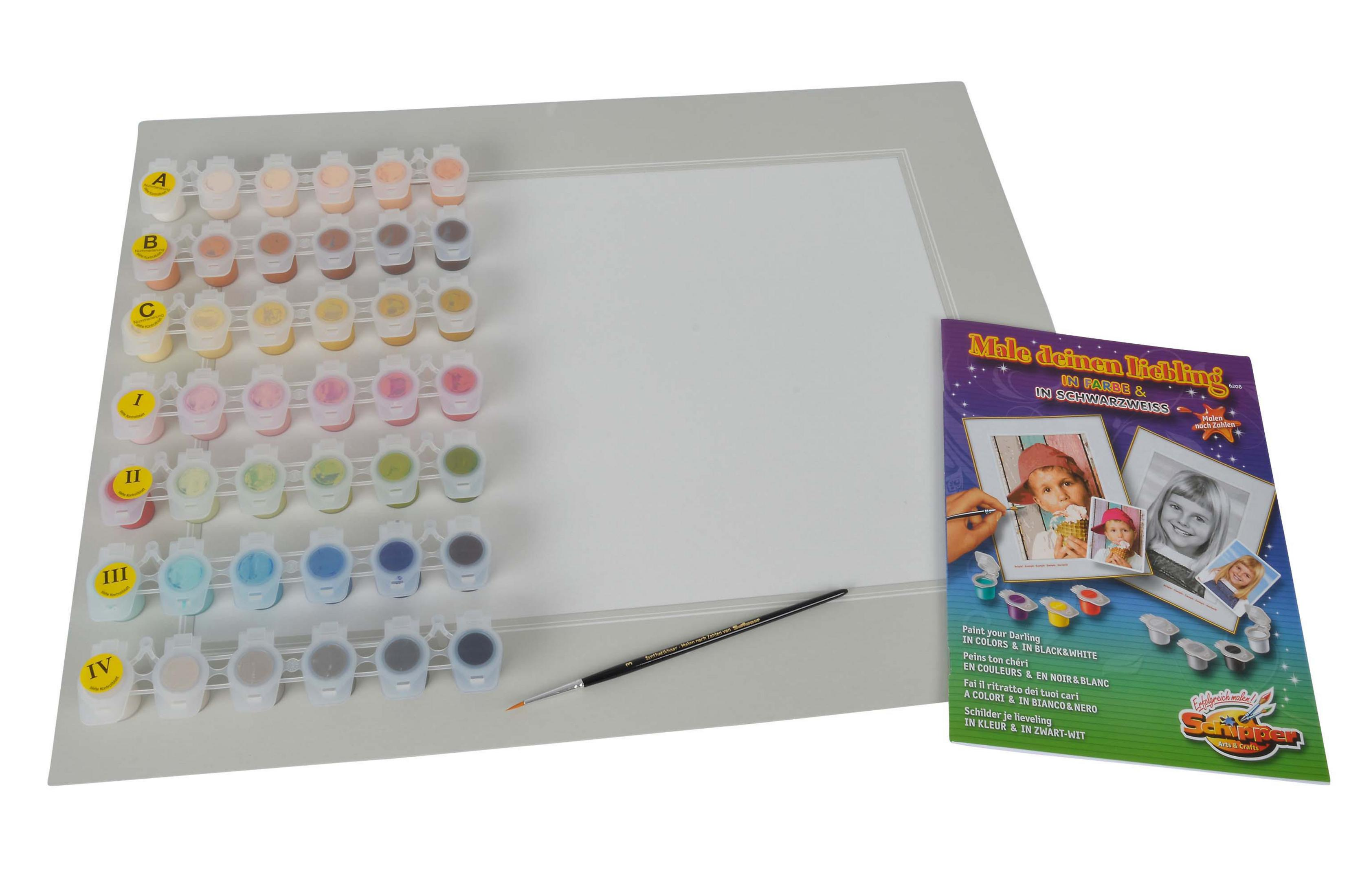 Malen-nach-Zahlen-Set mit Farben, Pinsel und Broschüre. Das Set enthält verschiedene Farben.