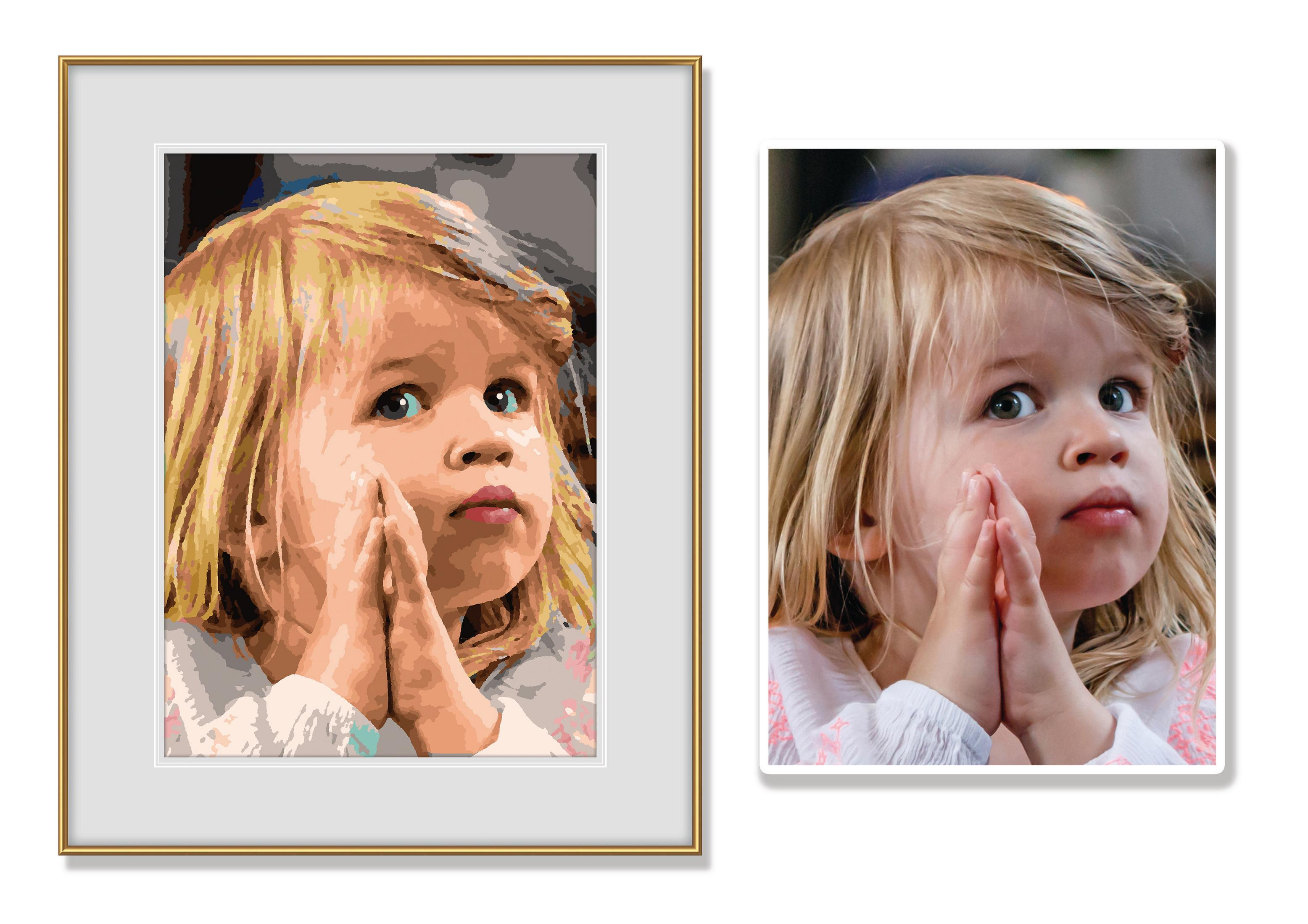 Ein Gemälde eines betenden Mädchens mit blonden Haaren. Daneben das Originalfoto des Mädchens.