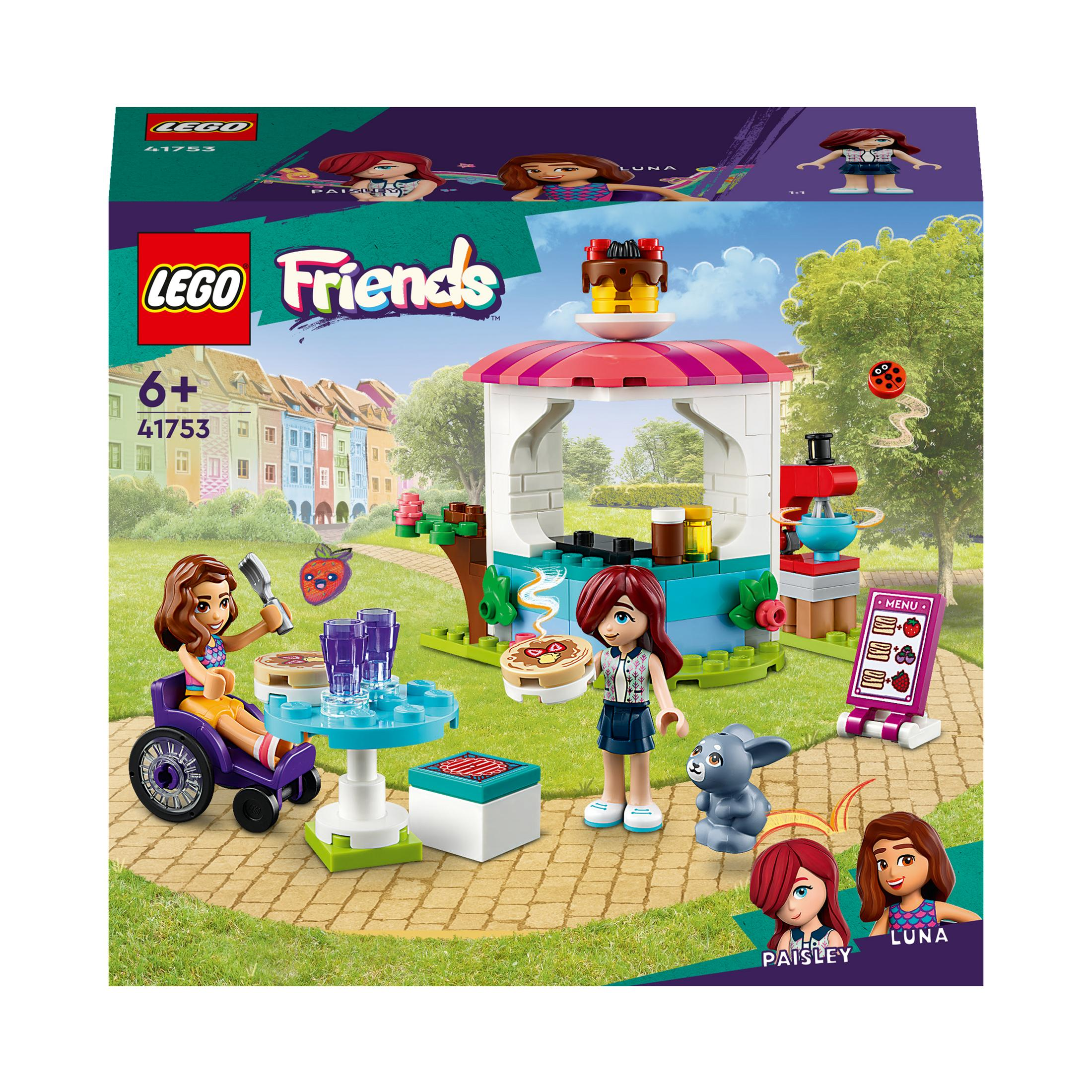 LEGO Friends seti, figürler, bir masa, bir bina ve bir tekerlekli sandalye ile. Park ortamında renkli bir sahne.