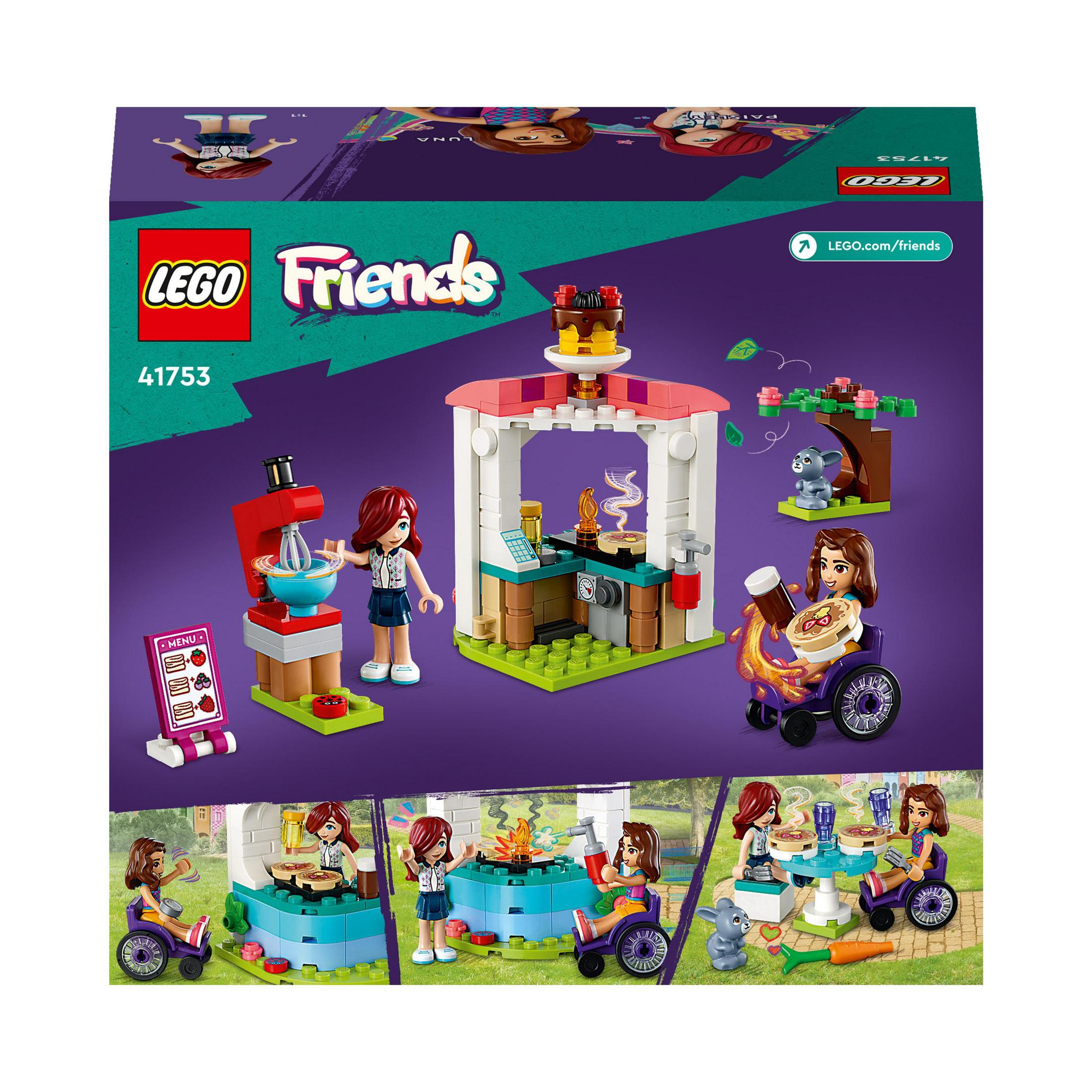 Mutfak ve karakterlerle LEGO Friends seti, yemek pişirme ve etkileşim sahneleri gösteriyor. Mor arka plan.