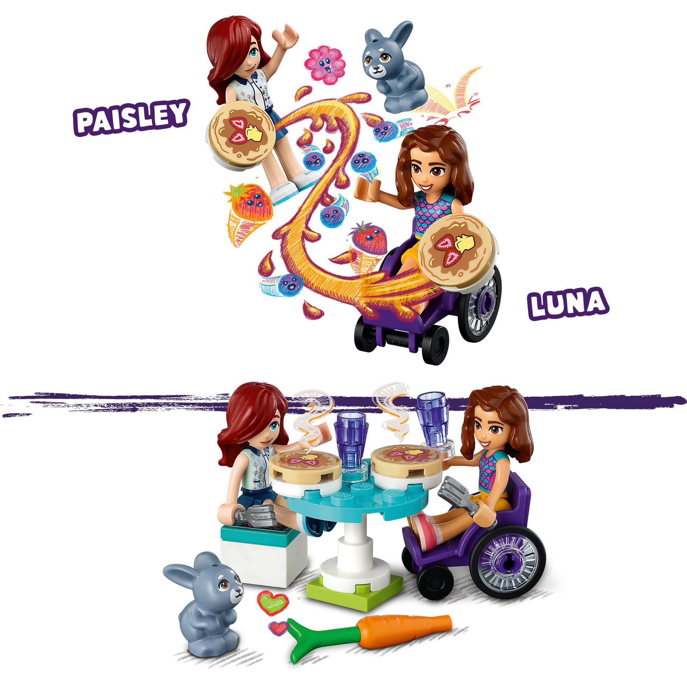 İki LEGO Friends sahnesi. Biri yiyeceklerle iki kız içeriyor. Diğeri onları yiyeceklerle bir masada otururken gösteriyor.