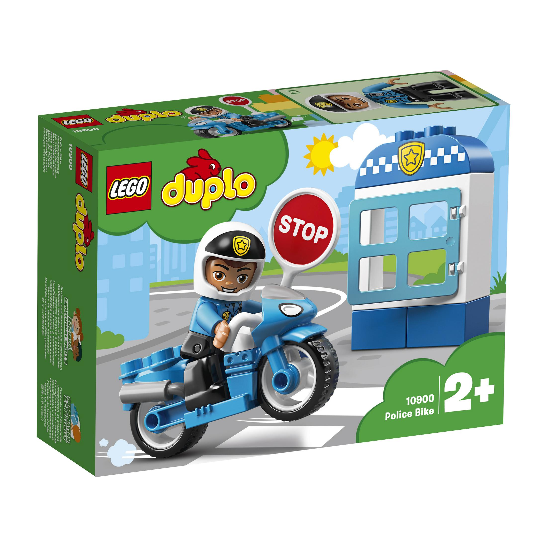 Lego Duplo Polizeimotorrad-Box-Set. Es zeigt einen Polizisten auf einem blauen Motorrad und eine Polizeistation.