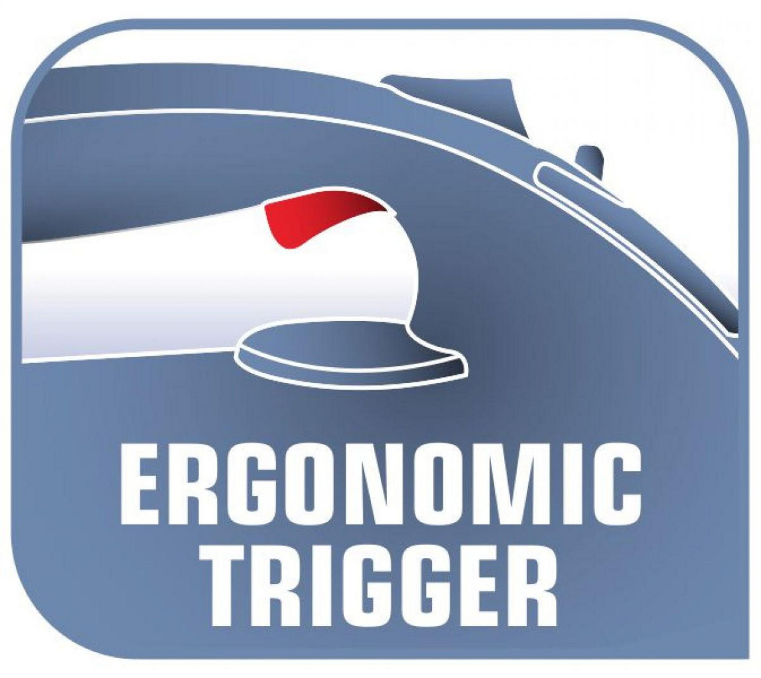 Ilustracja szarego żelazka z czerwonym ergonomicznym spustem, z tekstem 'ERGONOMIC TRIGGER'.