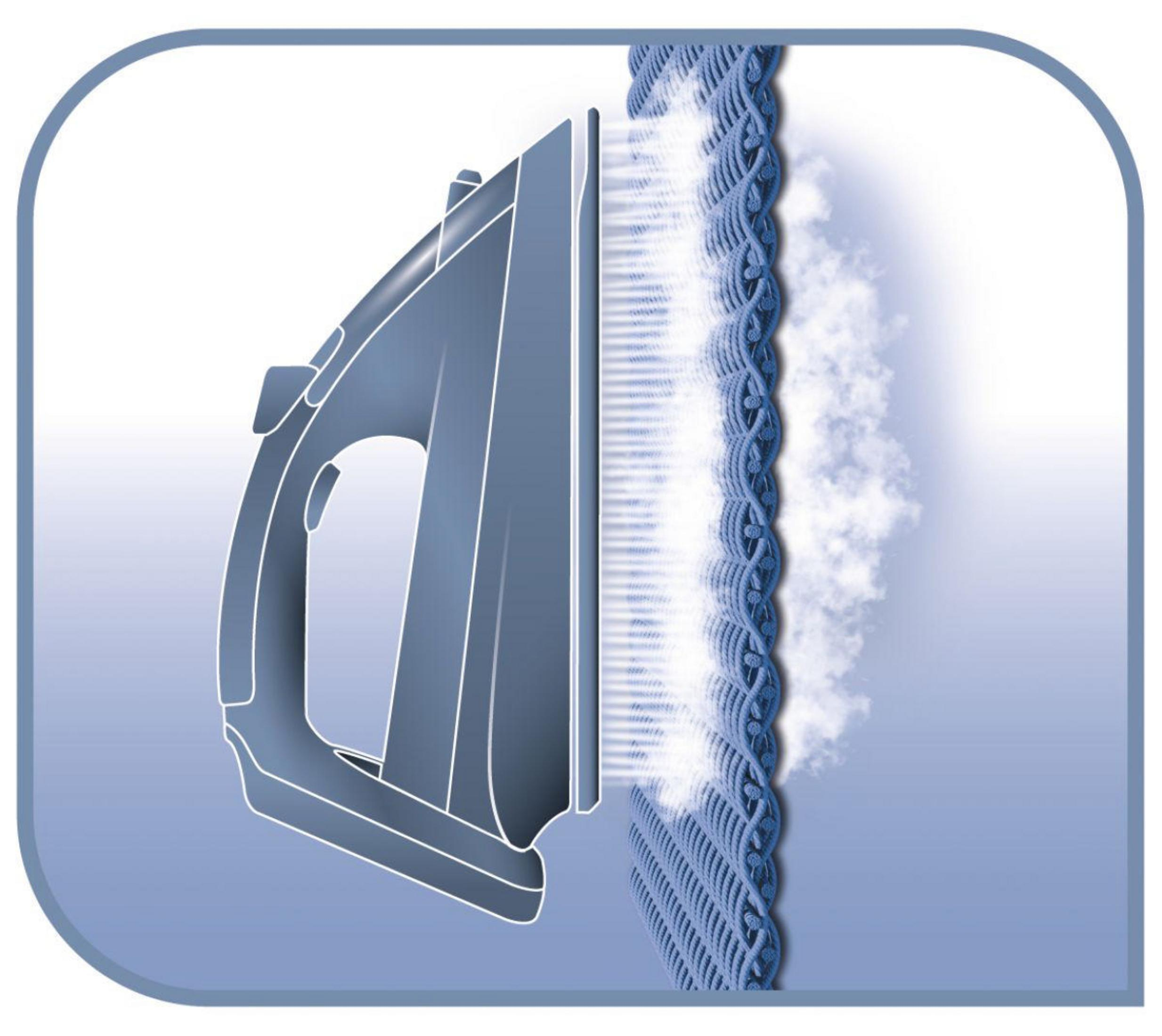 Żelazko paruje niebieską tkaninę. Żelazko jest szare i niebieskie. Para jest widoczna. Tło jest niebieskie.