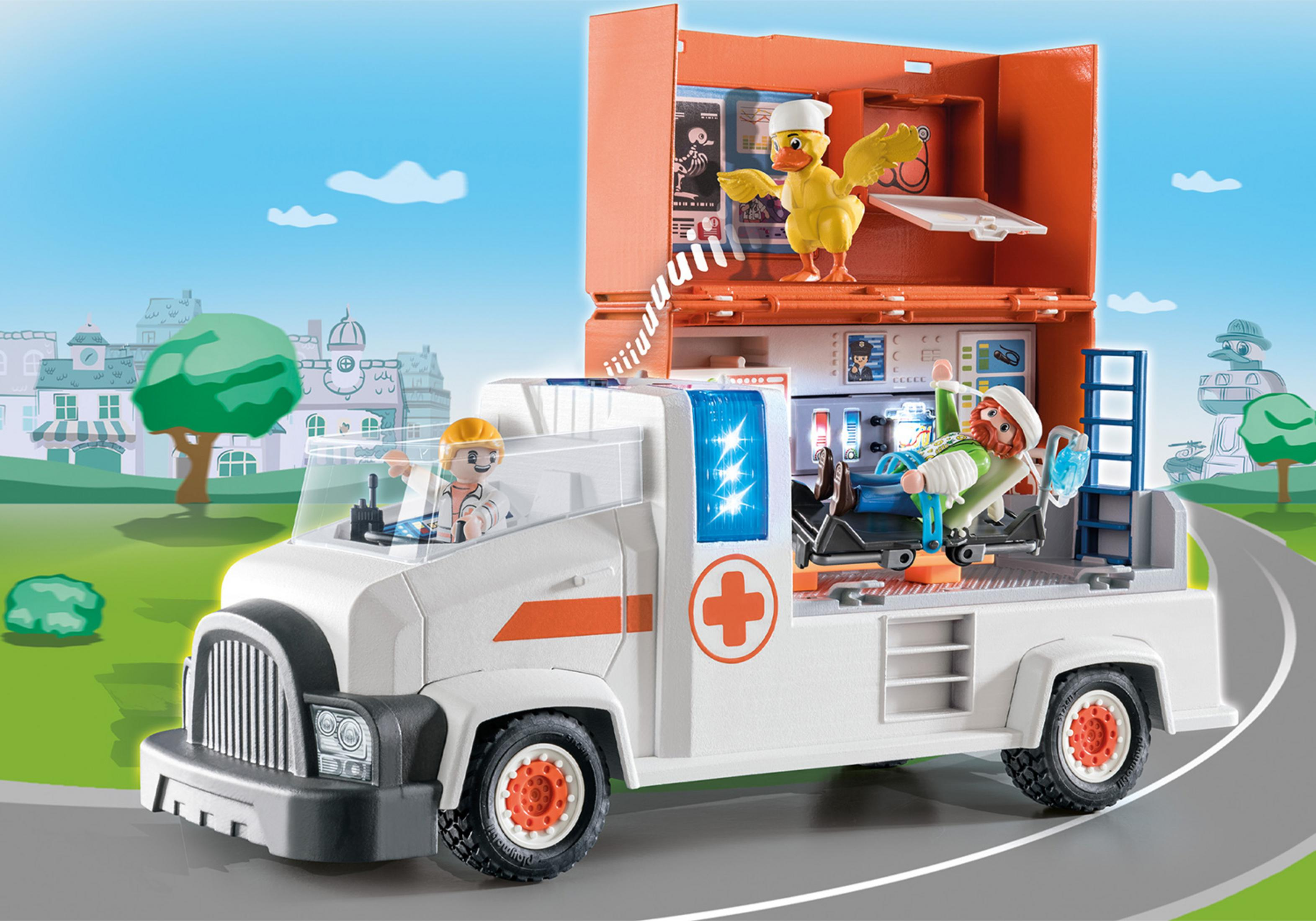 Playmobil-Krankenwagen mit medizinischem Personal und Patient. Eine Ente ist oben drauf.