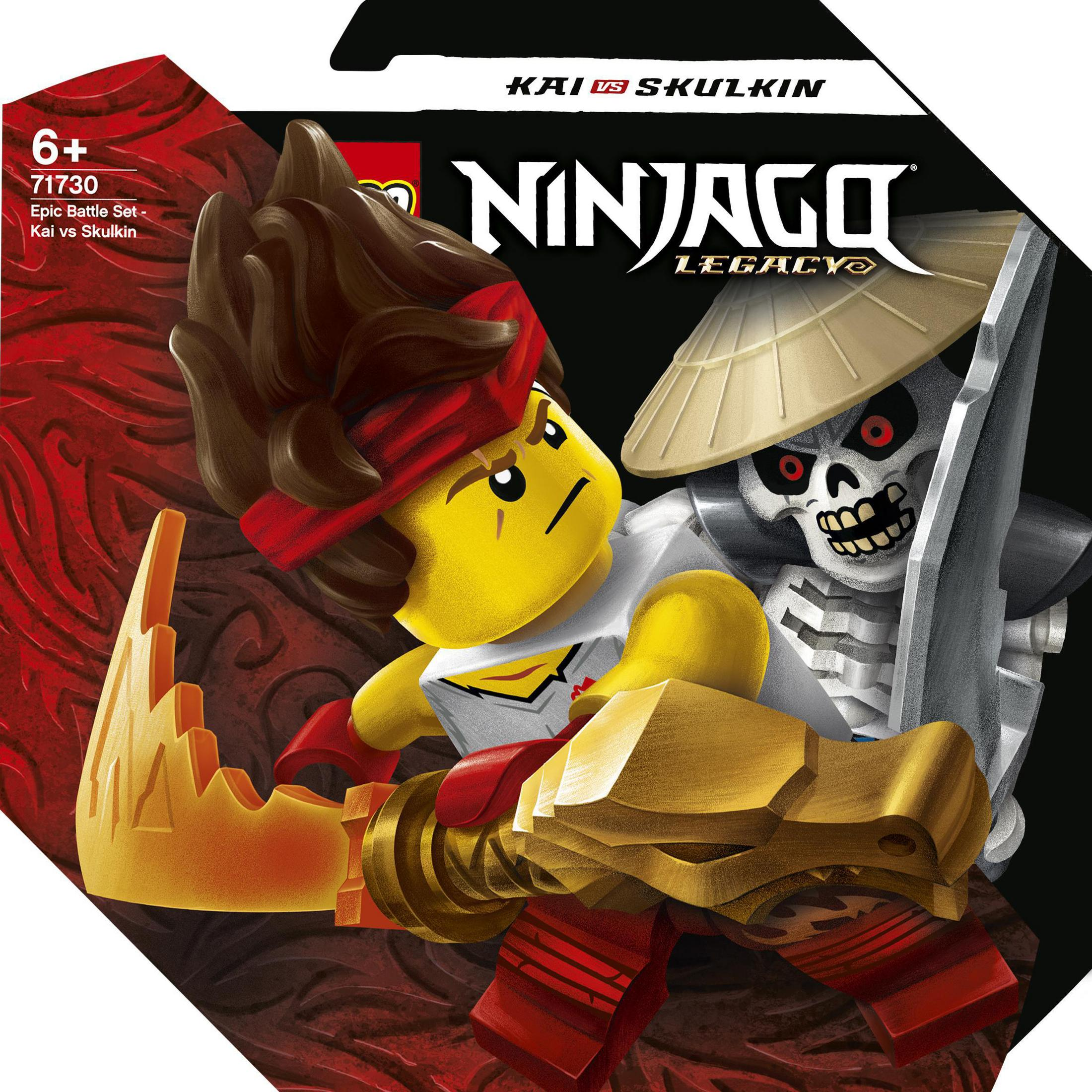 Pudełko Lego Ninjago z figurkami Kai vs Skulkin. Poza akcji na czerwono-czarnym tle.