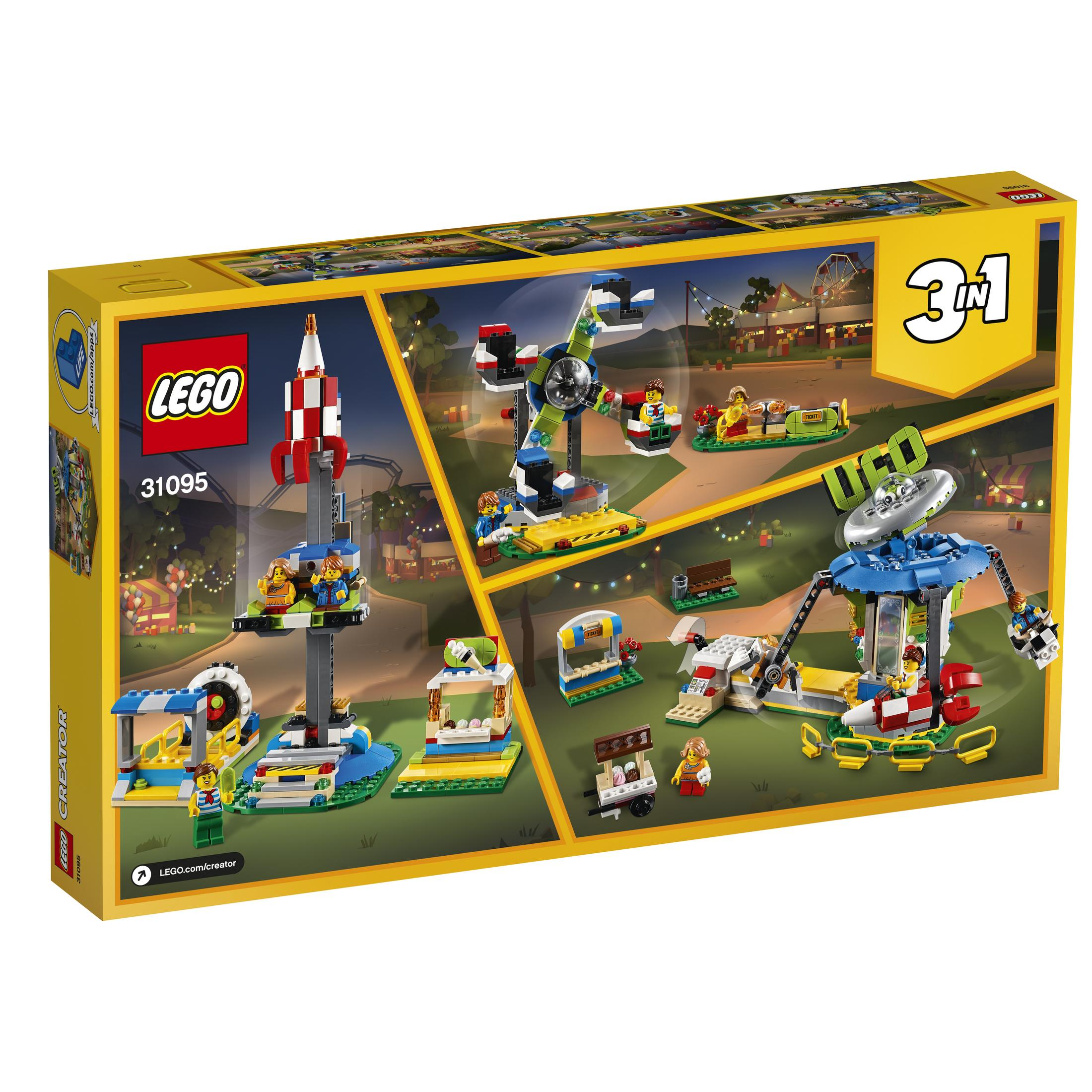 Lego Creator set packaging. Shows a carnival scene with a rocket, a Ferris wheel, and other amusement park rides.