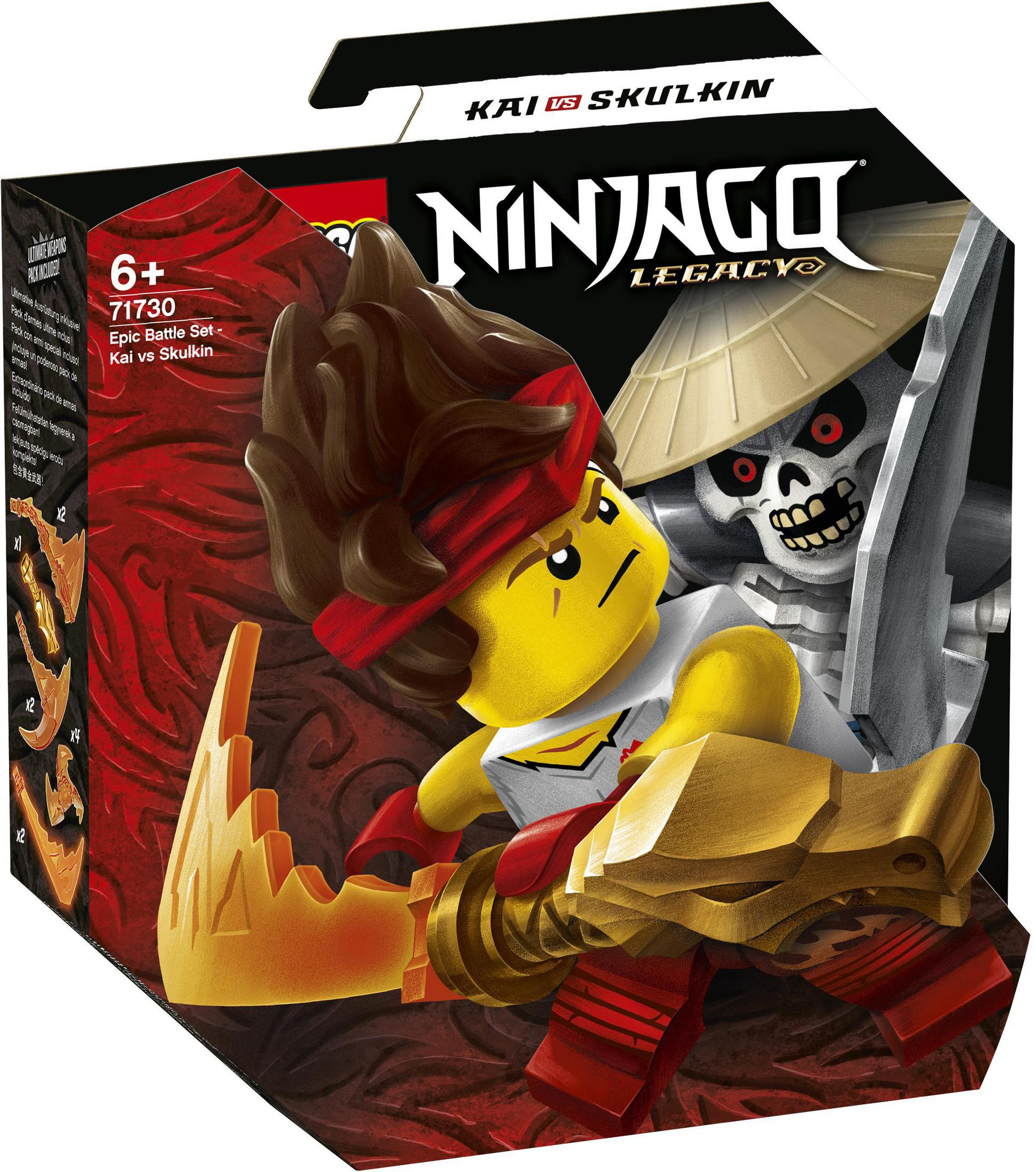 Pudełko zestawu Lego Ninjago. Kai vs. Skulkin, czerwono-czarny design.