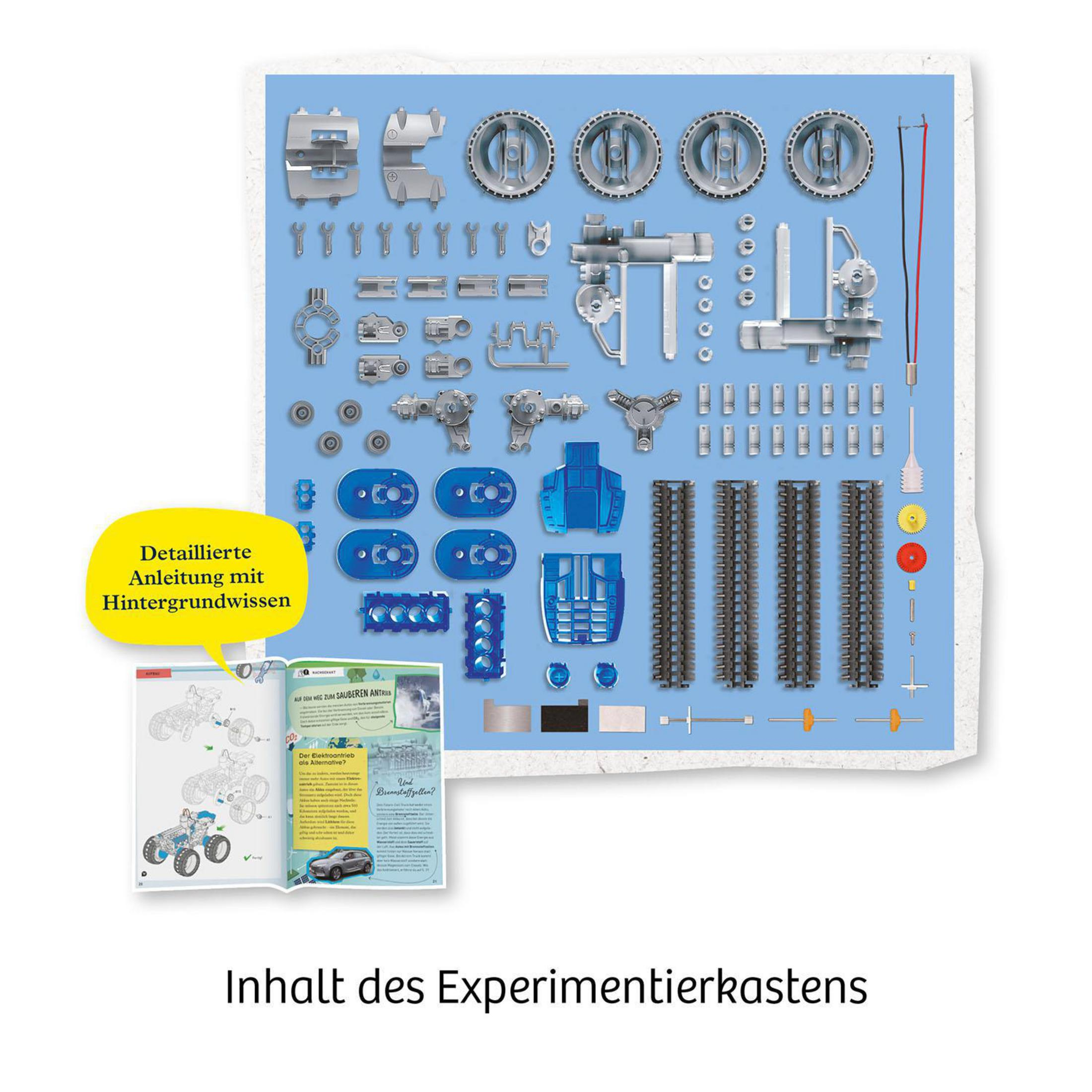 Komponenten für einen Konstruktionsexperimentierkasten, mit Anleitung.