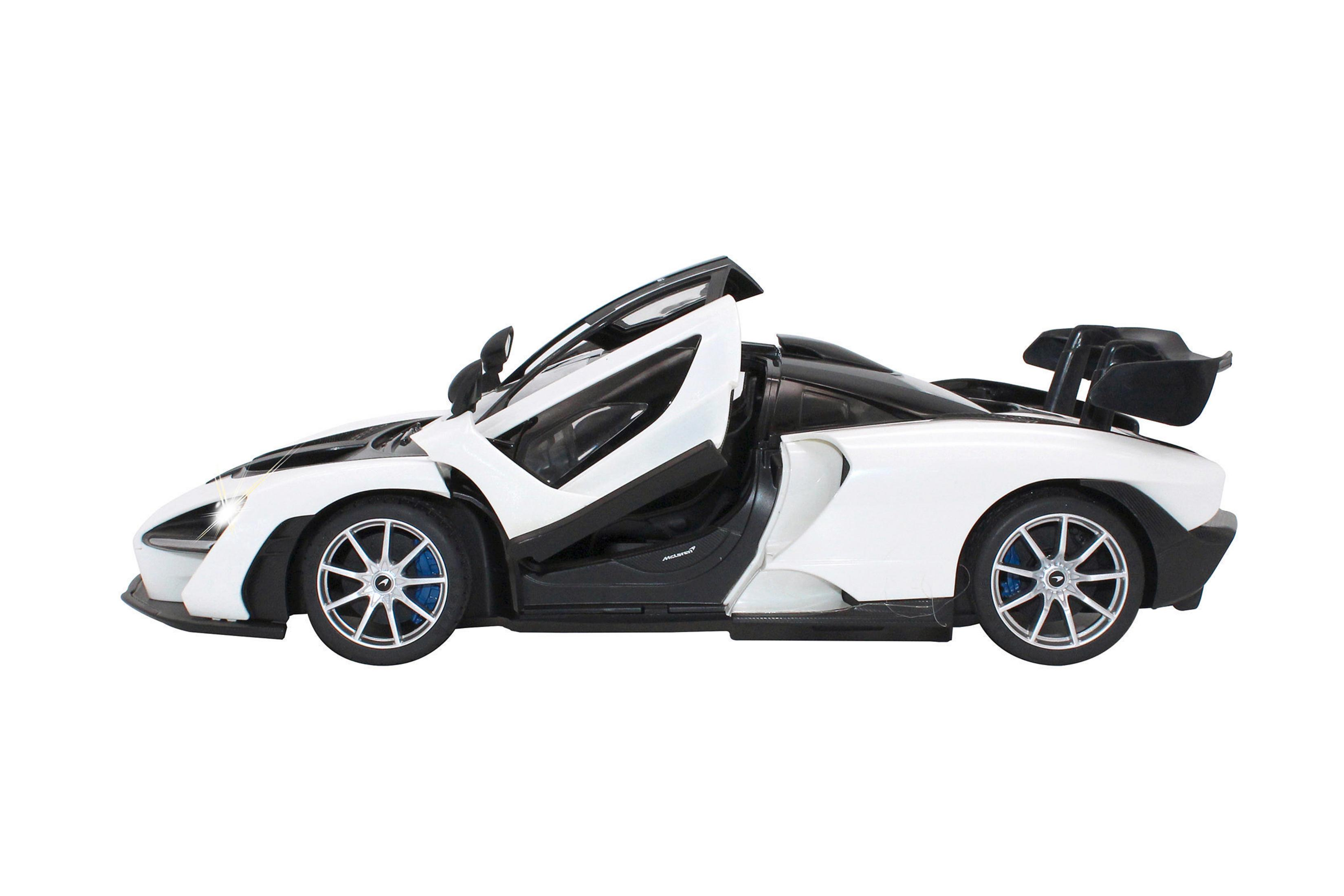 Ein weißes und schwarzes Spielzeugauto mit geöffneten Türen. Es hat einen Spoiler und blaue Räder.