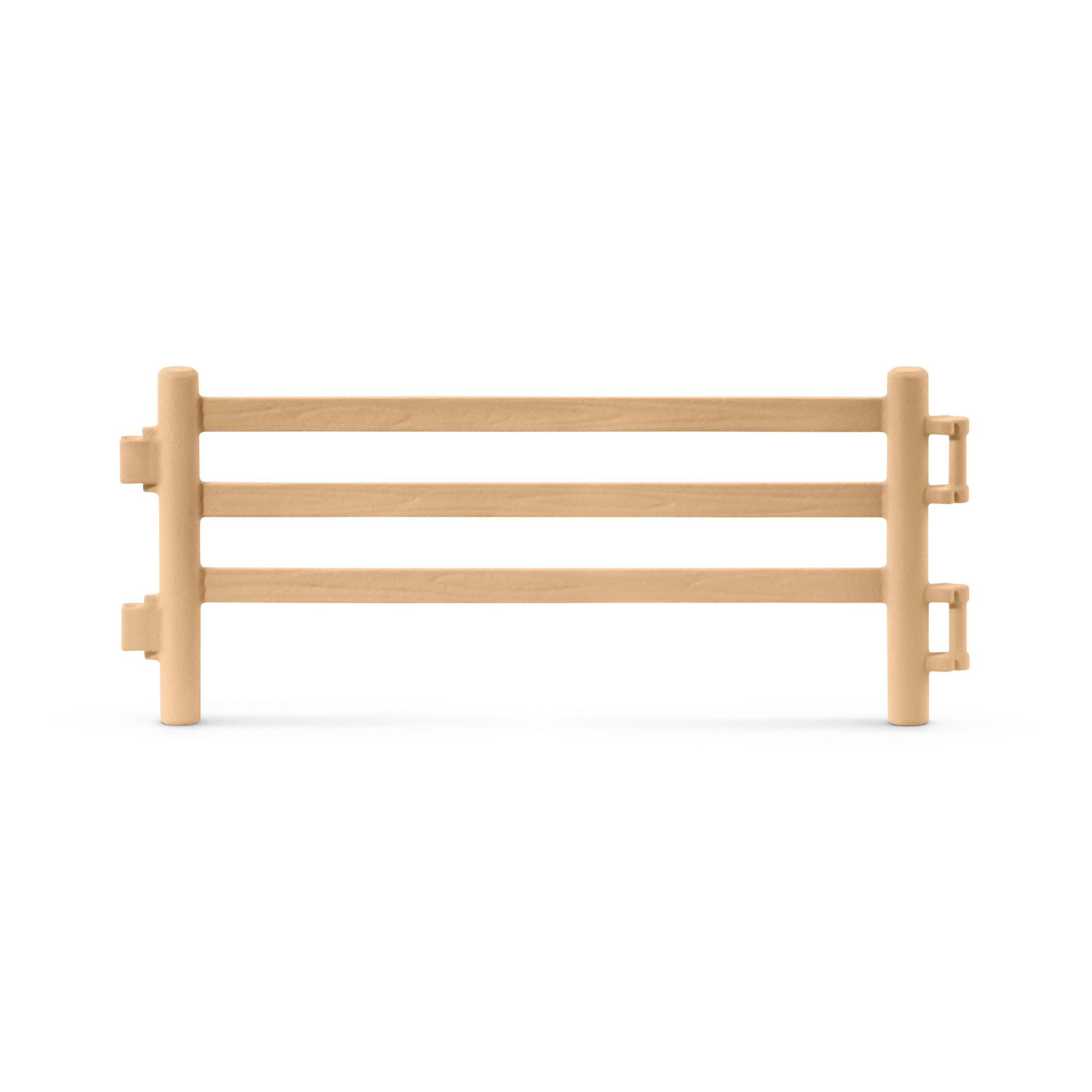 Una piccola staccionata in legno marrone chiaro con tre travi orizzontali, su sfondo bianco.