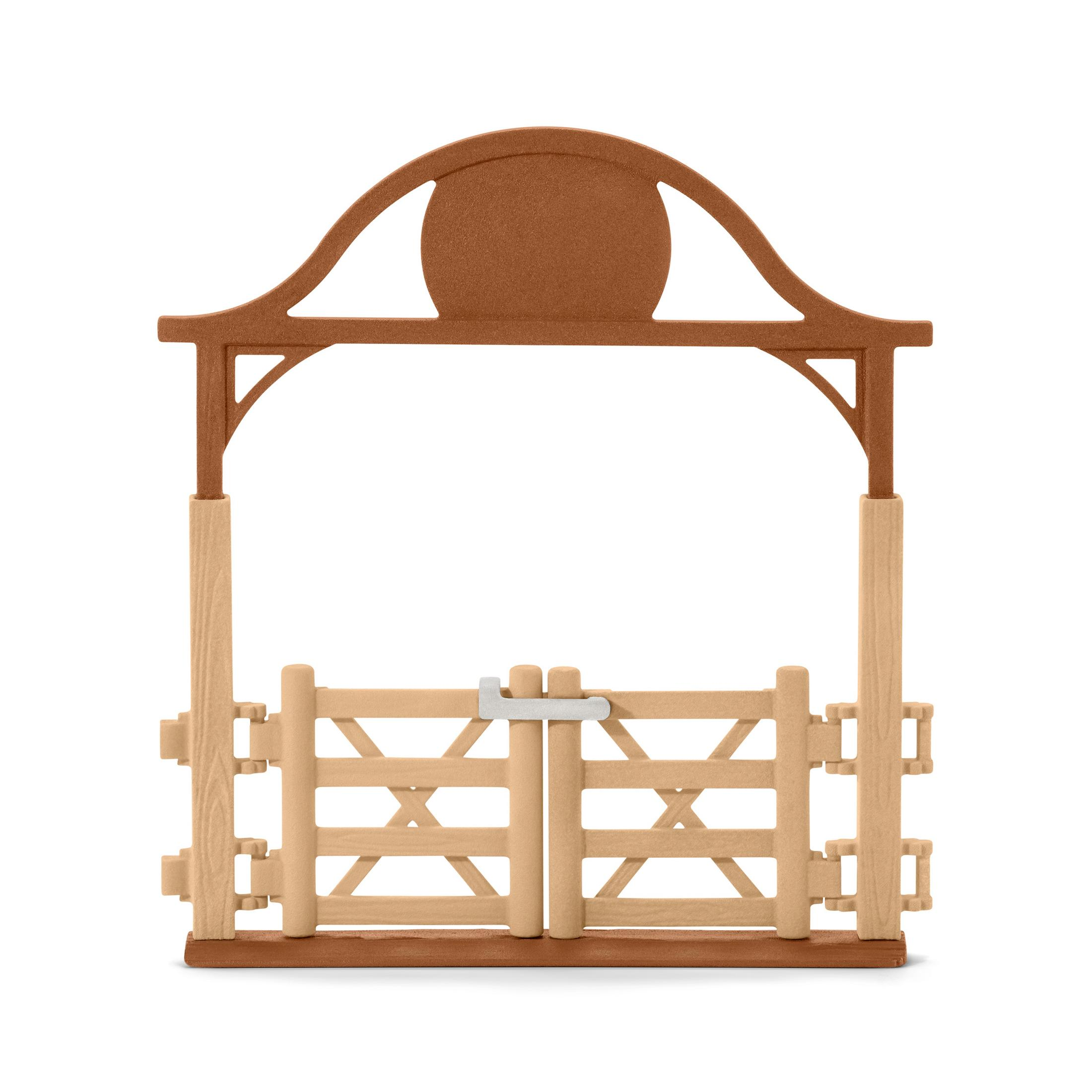 Un cancello di fattoria giocattolo. Arco marrone, pali di legno beige e due pannelli del cancello.