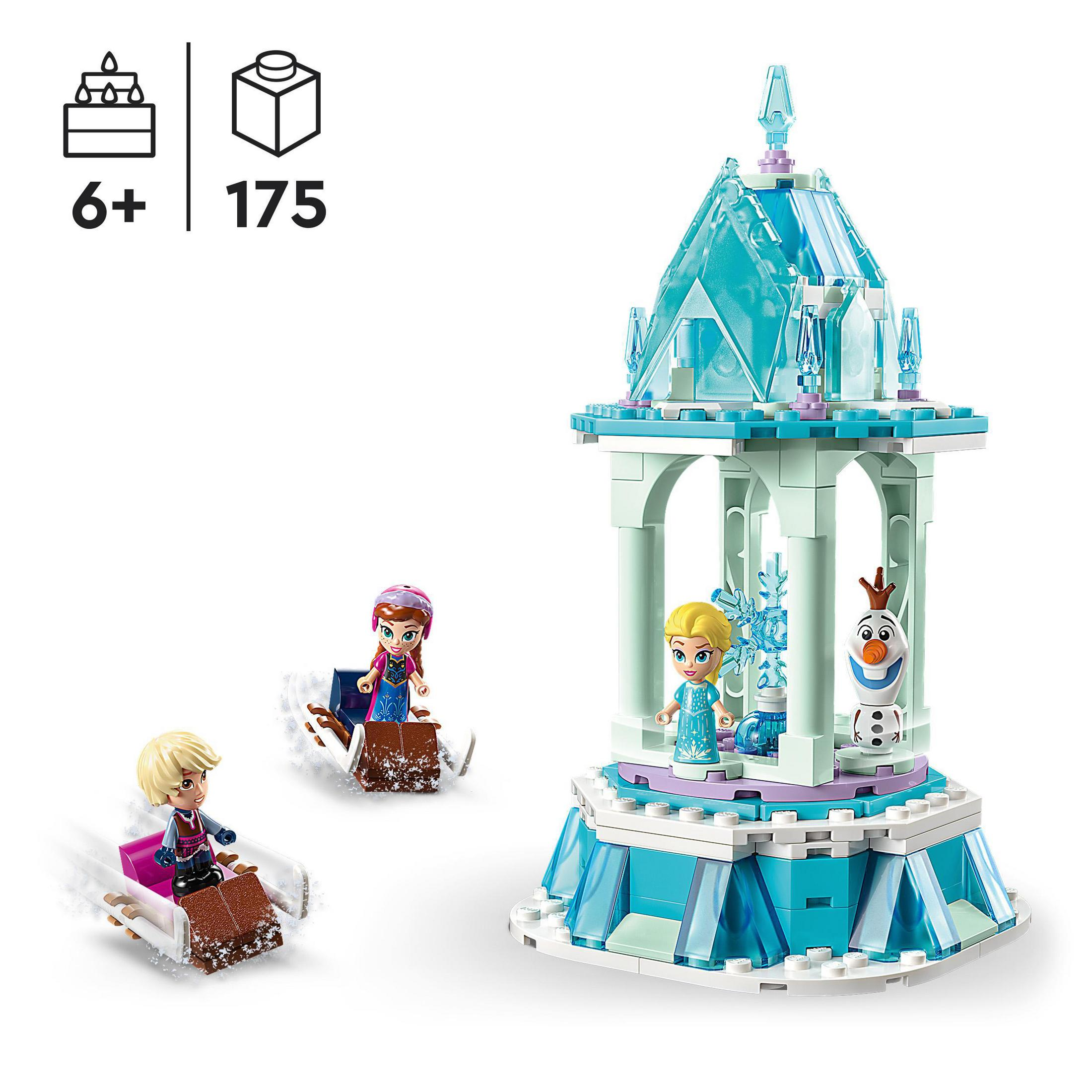 Set Lego Frozen, edificio con figuras de Elsa, Anna y Olaf en trineos y frente a un edificio.