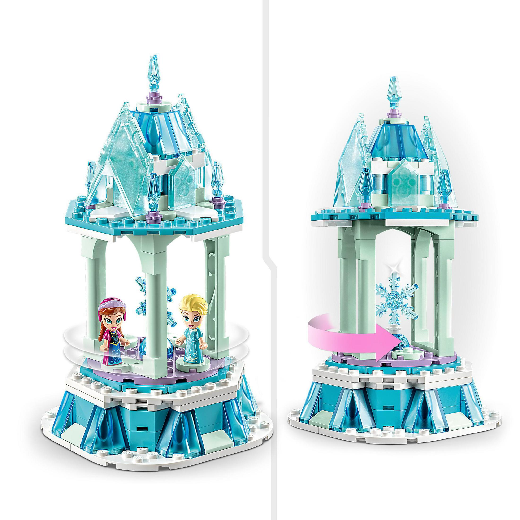 Dos vistas de un castillo Lego Frozen con figuras de Elsa y Anna. El castillo es azul y blanco.