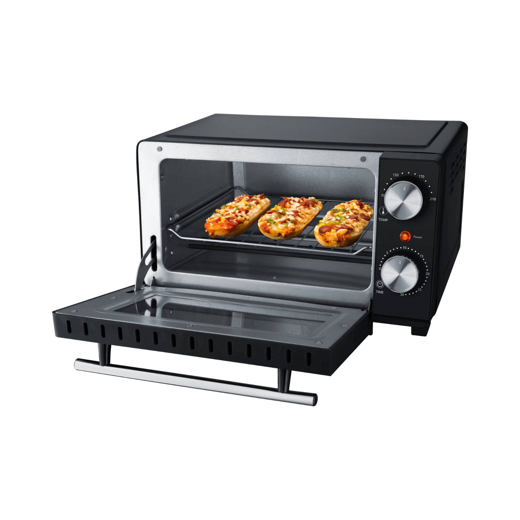 Forno tostapane nero con porta aperta. Tre pizze sulla griglia all'interno.