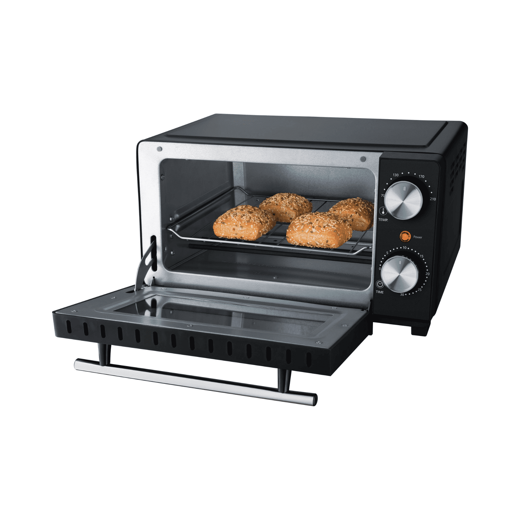 Forno tostapane nero e argento con la porta aperta e pane.