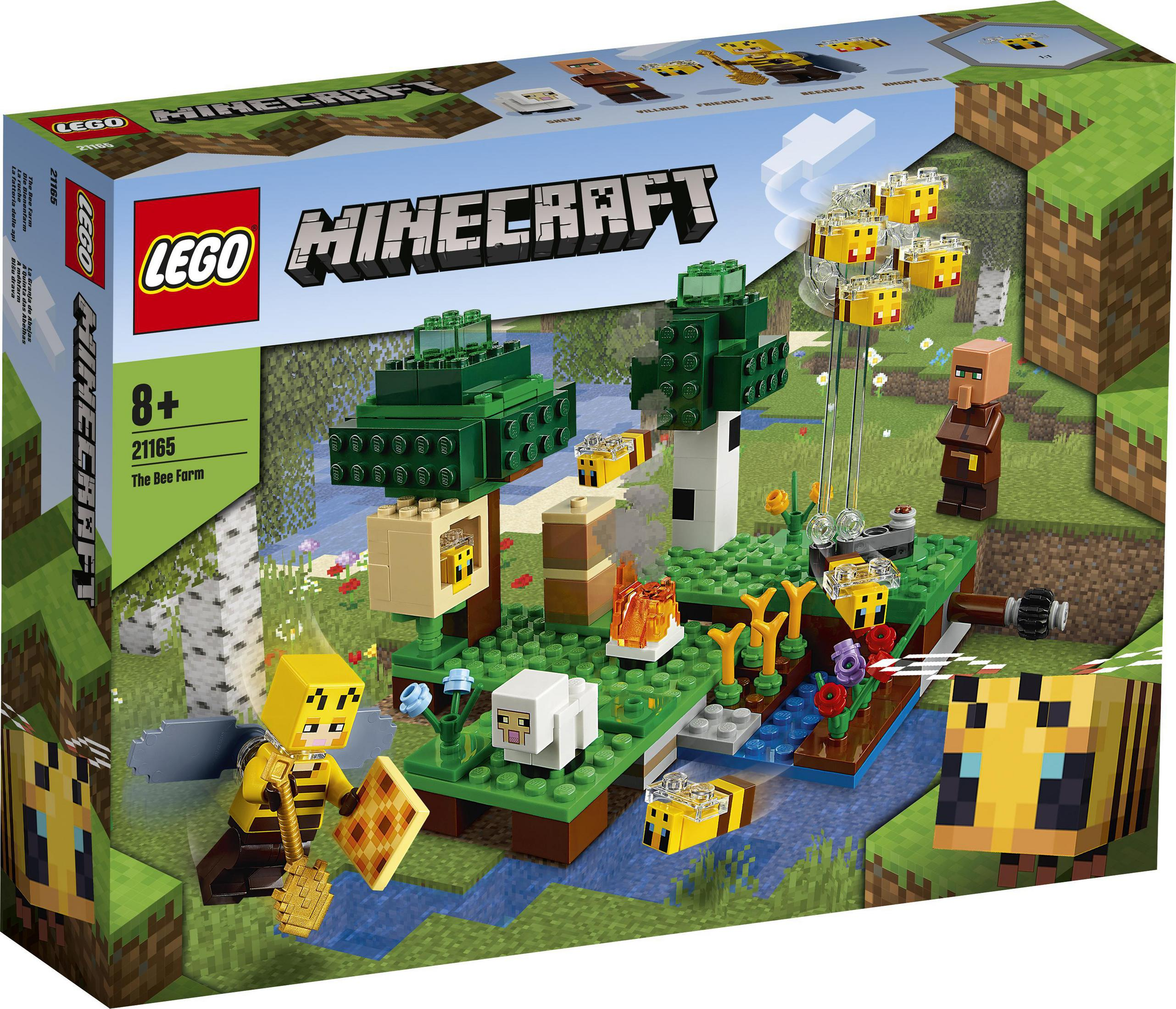 Lego Minecraft Set mit einer Bienenfarm, Bienen und einem Dorfbewohner.
