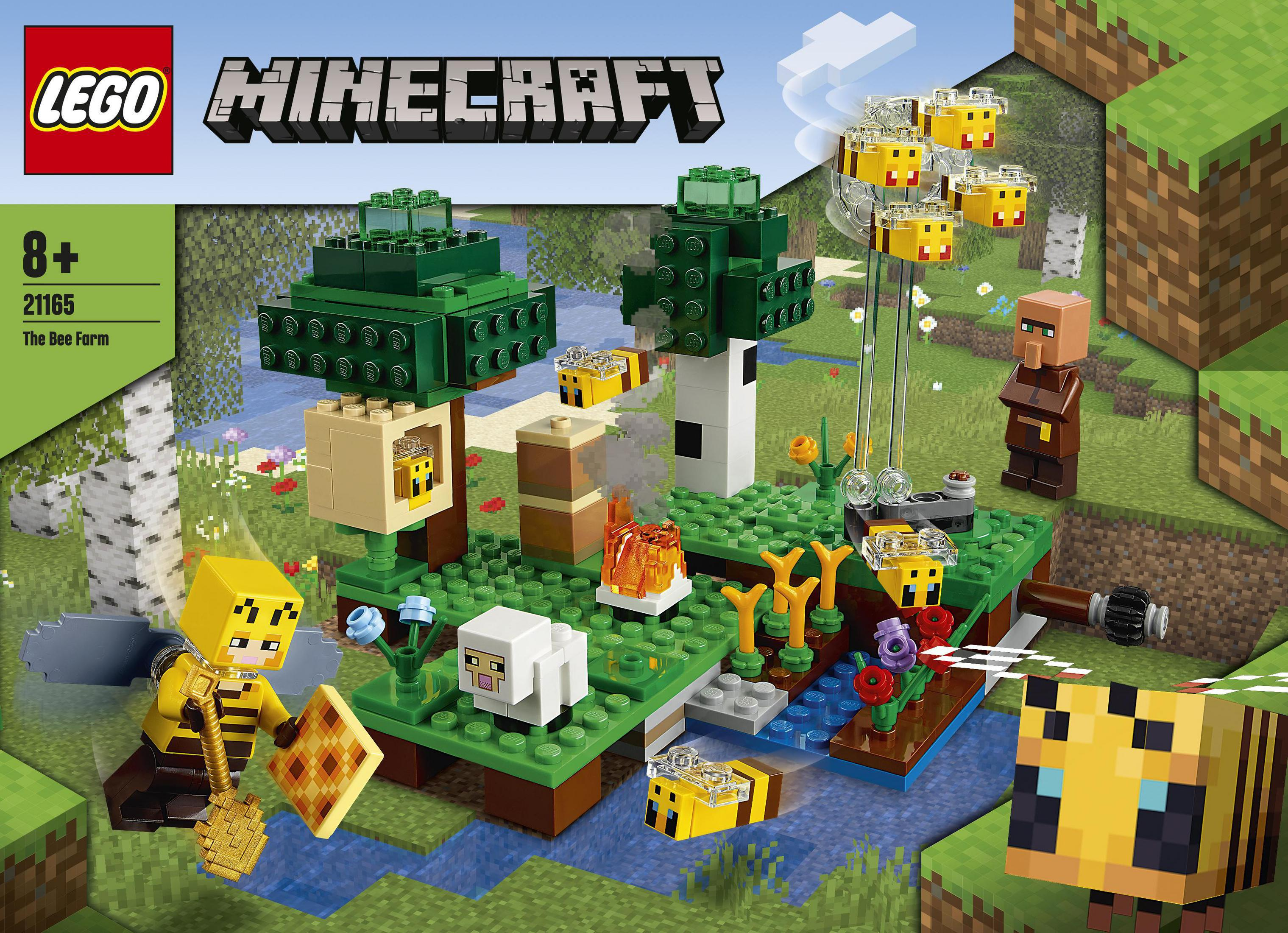 Ein Lego Minecraft Set, das eine Bienenfarm darstellt, mit Bienen, Bäumen, einem Dorfbewohner und verschiedenen Minecraft-Elementen.
