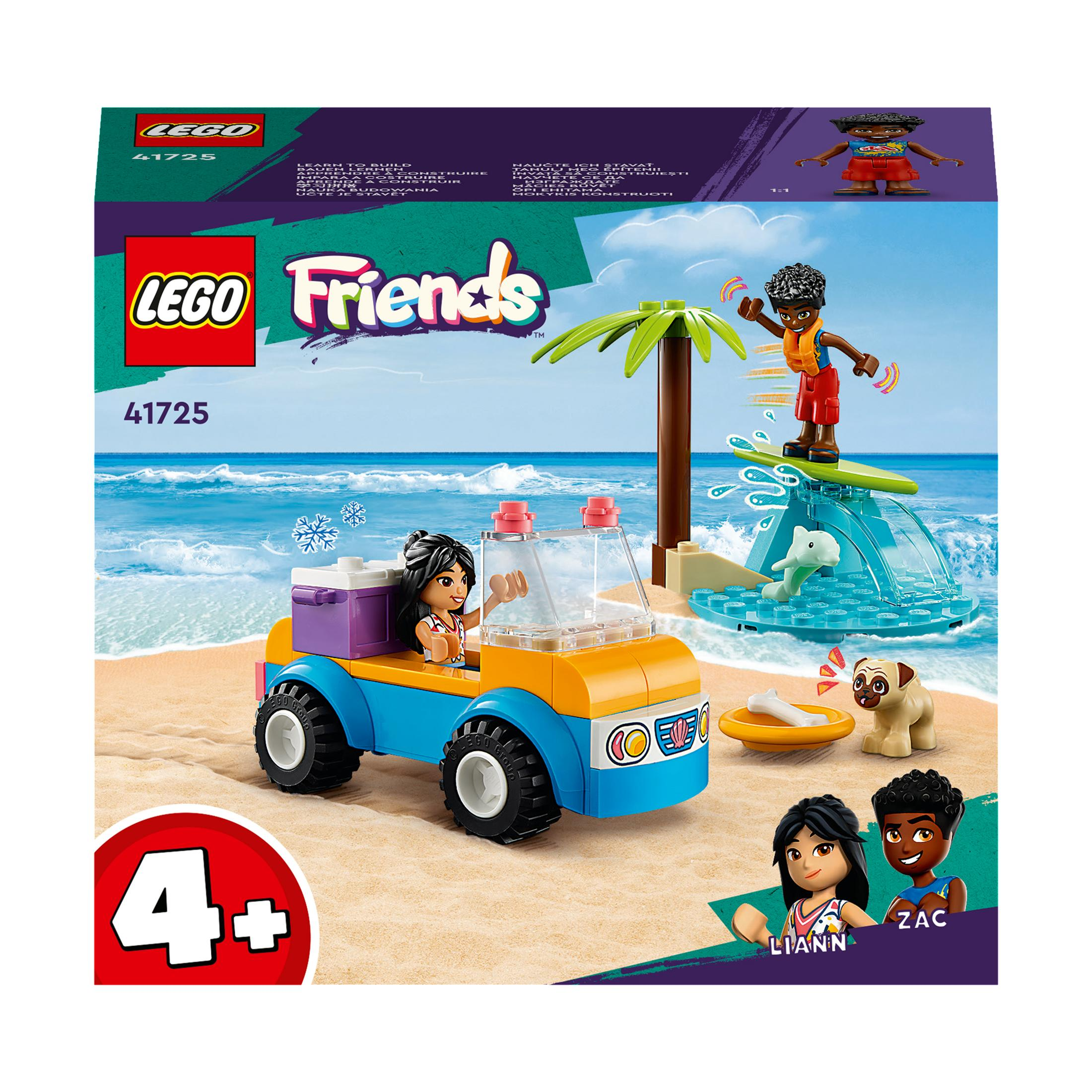 Een Lego Friends-set met een auto, strandscène en figuren. Het heeft een 4+ leeftijdsaanduiding.