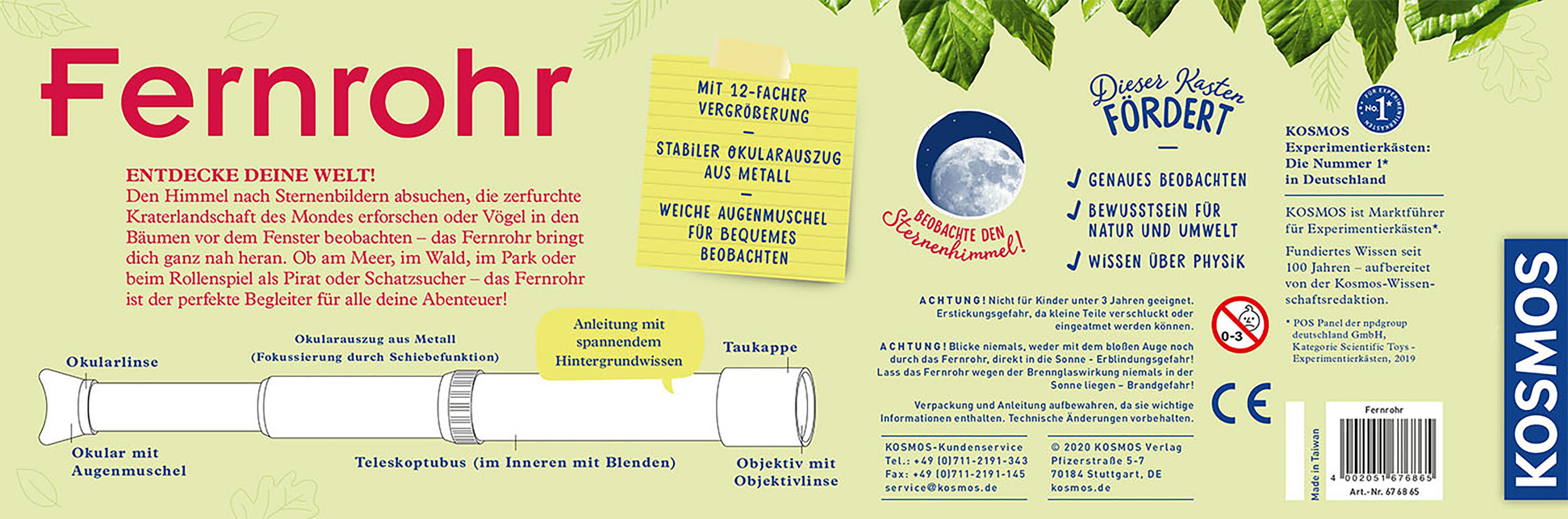 Text und Illustrationen über ein Teleskop, mit einem Eichhörnchen und einer Blaumeise.