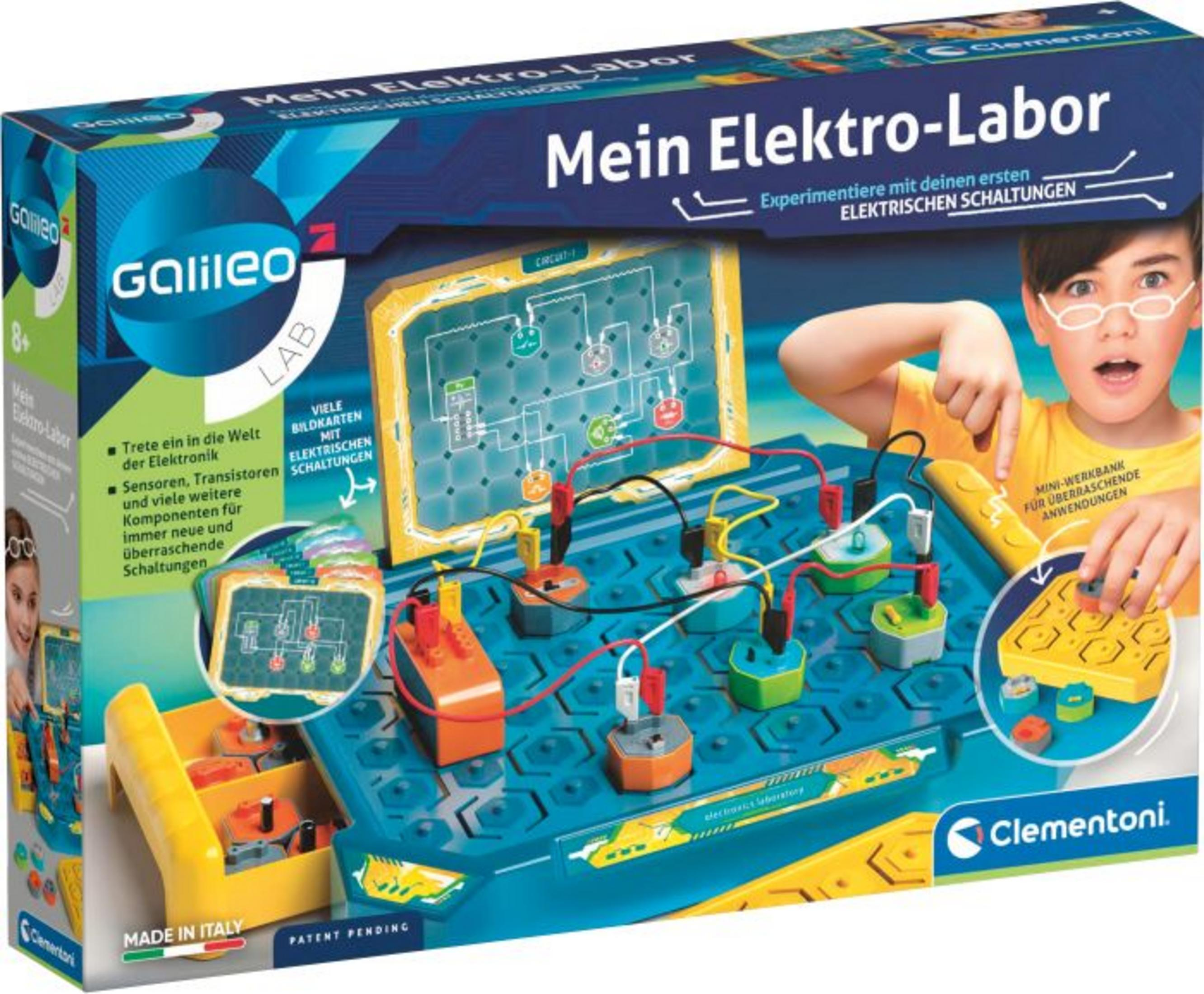 Eine Galileo Lab Science Kit Box mit einem zeigenden Jungen, Schaltkreisen und Komponenten. Es ist ein Wissenschafts-Kit.