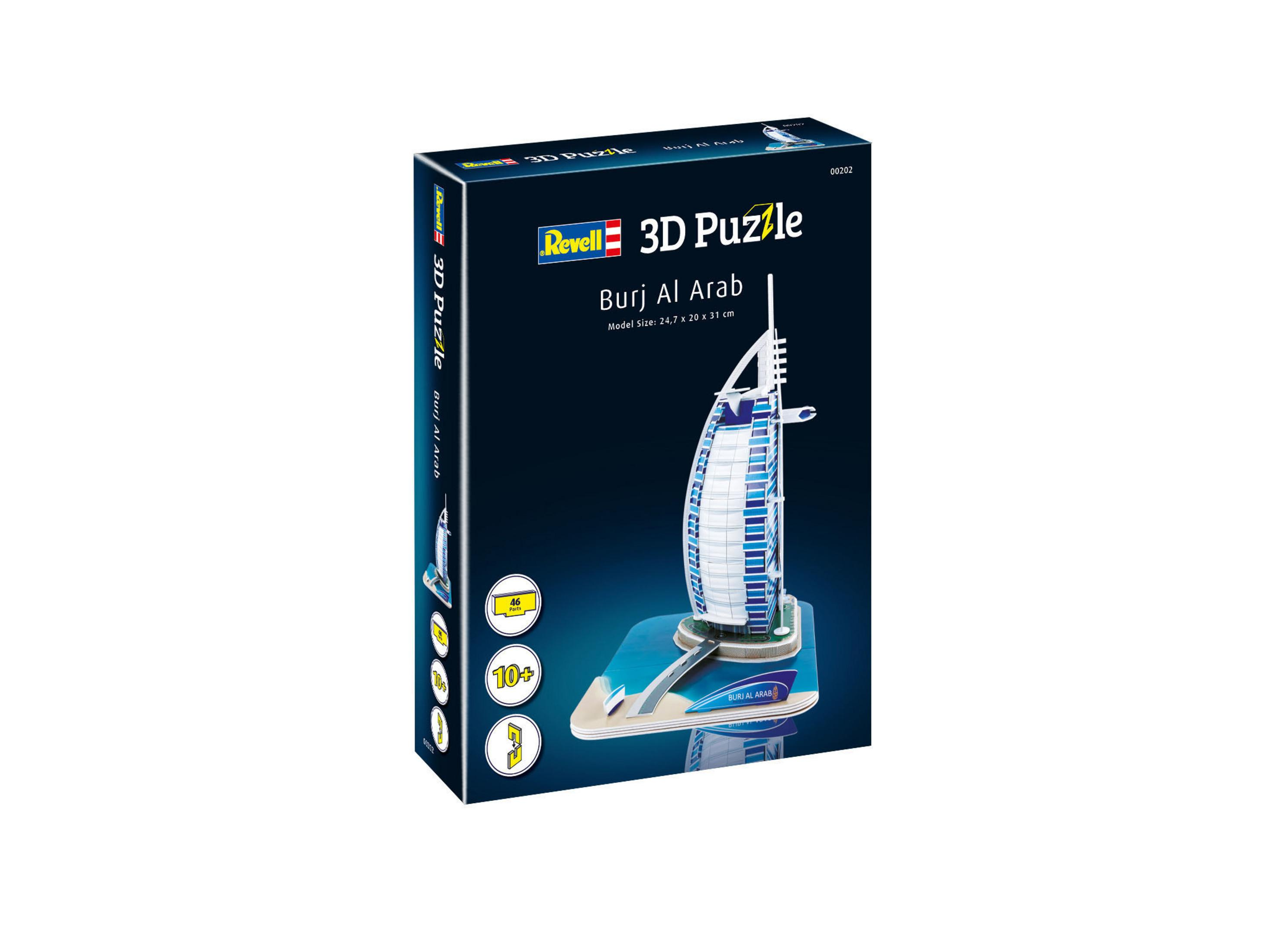 Ein 3D-Puzzle des Burj Al Arab Hotels in Dubai. Die Schachtel zeigt das fertige Puzzle.