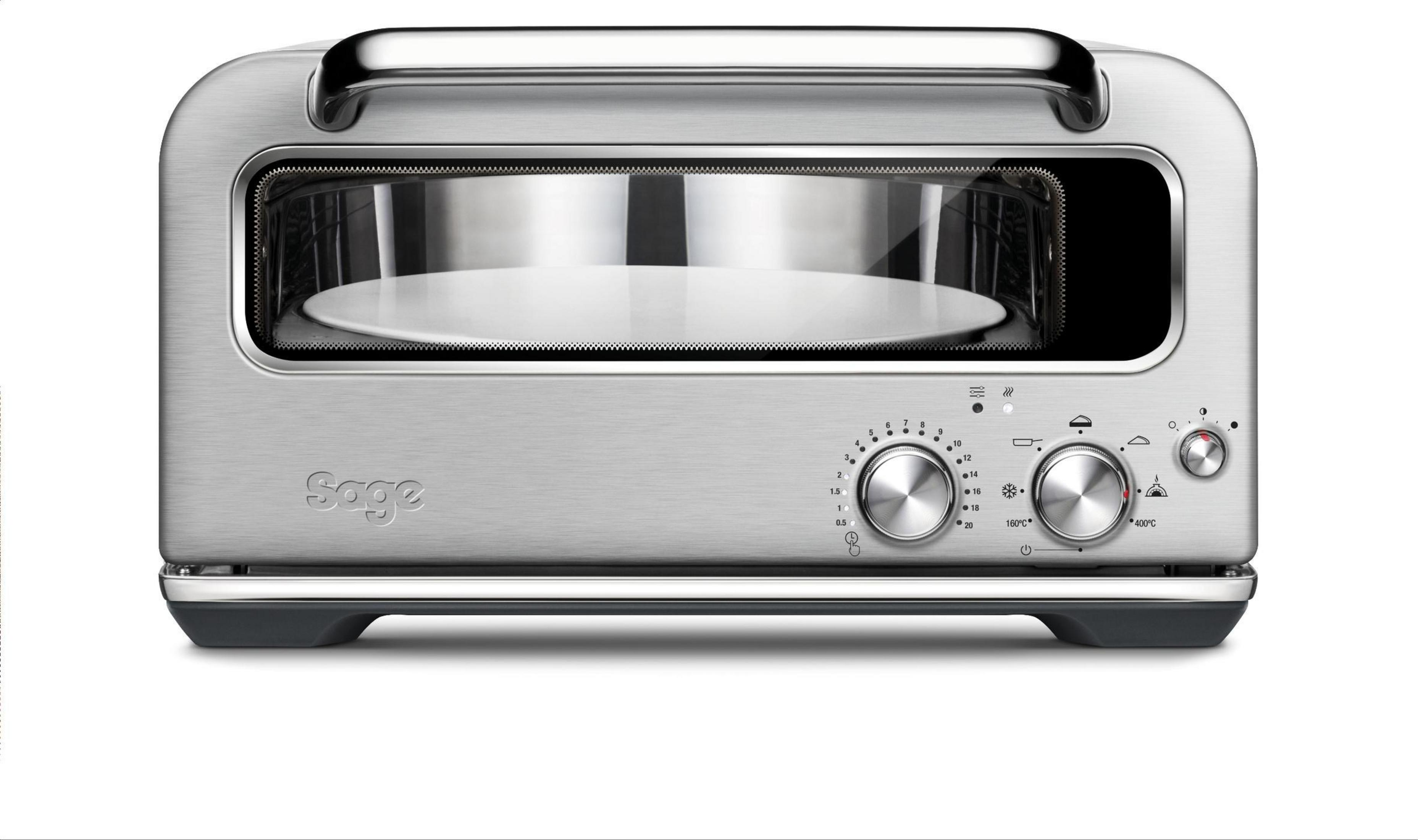 Forno tostapane Sage argento con comandi e porta trasparente.