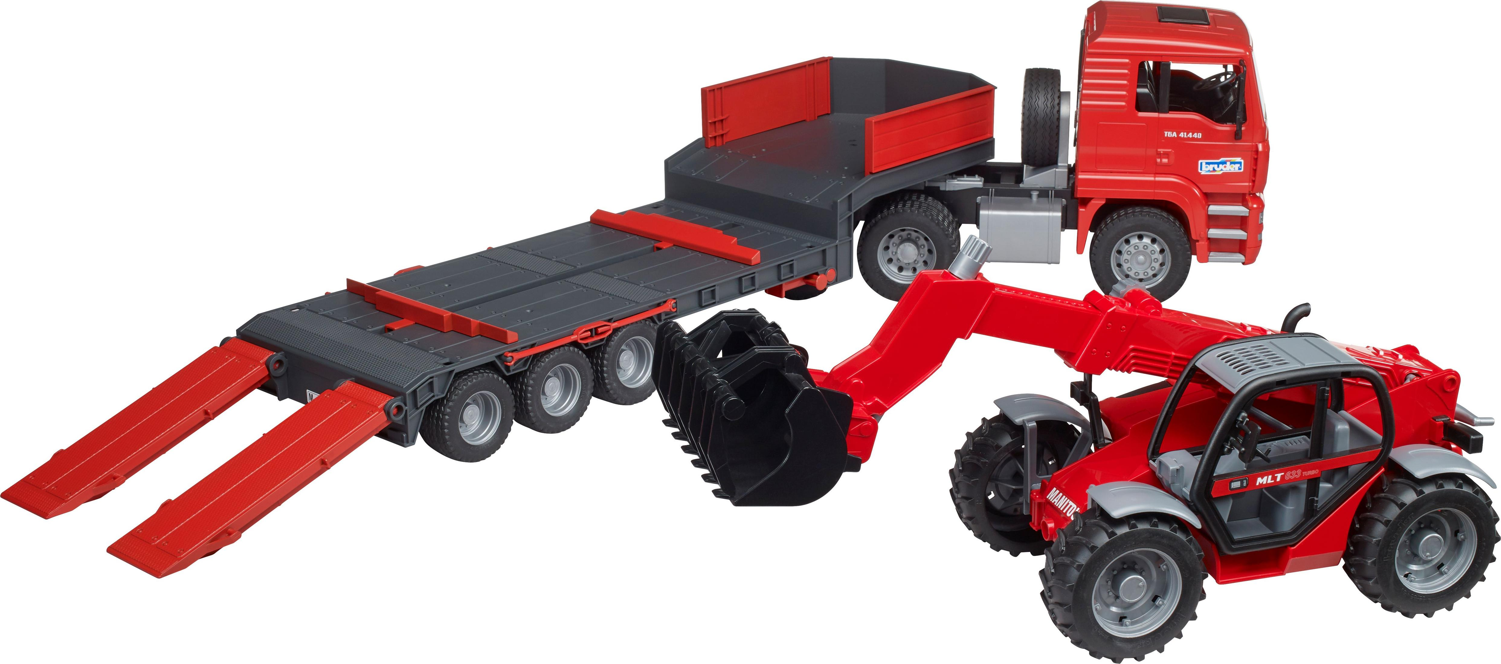 Roter und schwarzer Spielzeug-LKW und ein rotes Baufahrzeug, beide mit schwarzen Rädern.