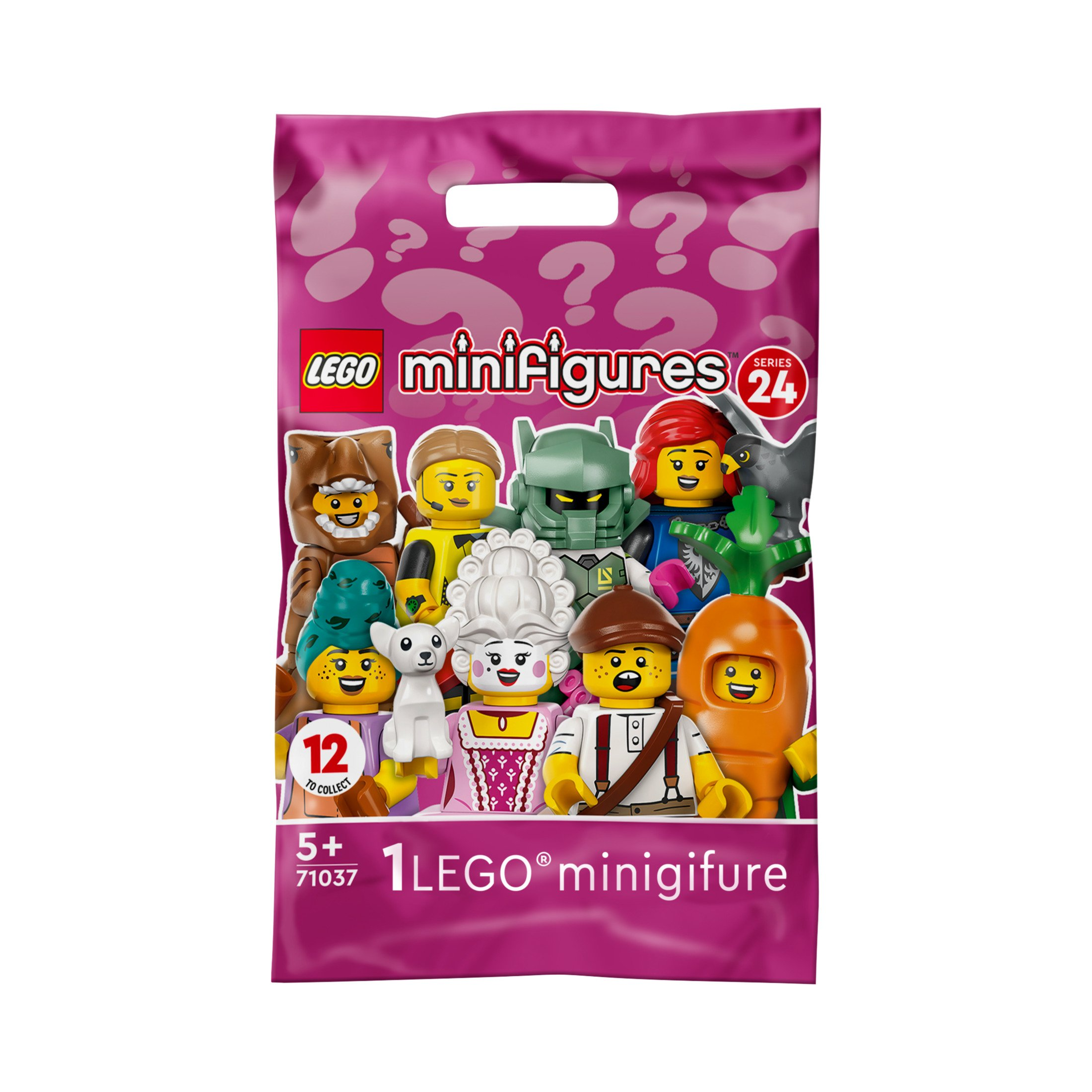 Eine rosa Tüte LEGO Minifiguren Serie 24 mit verschiedenen Minifiguren.