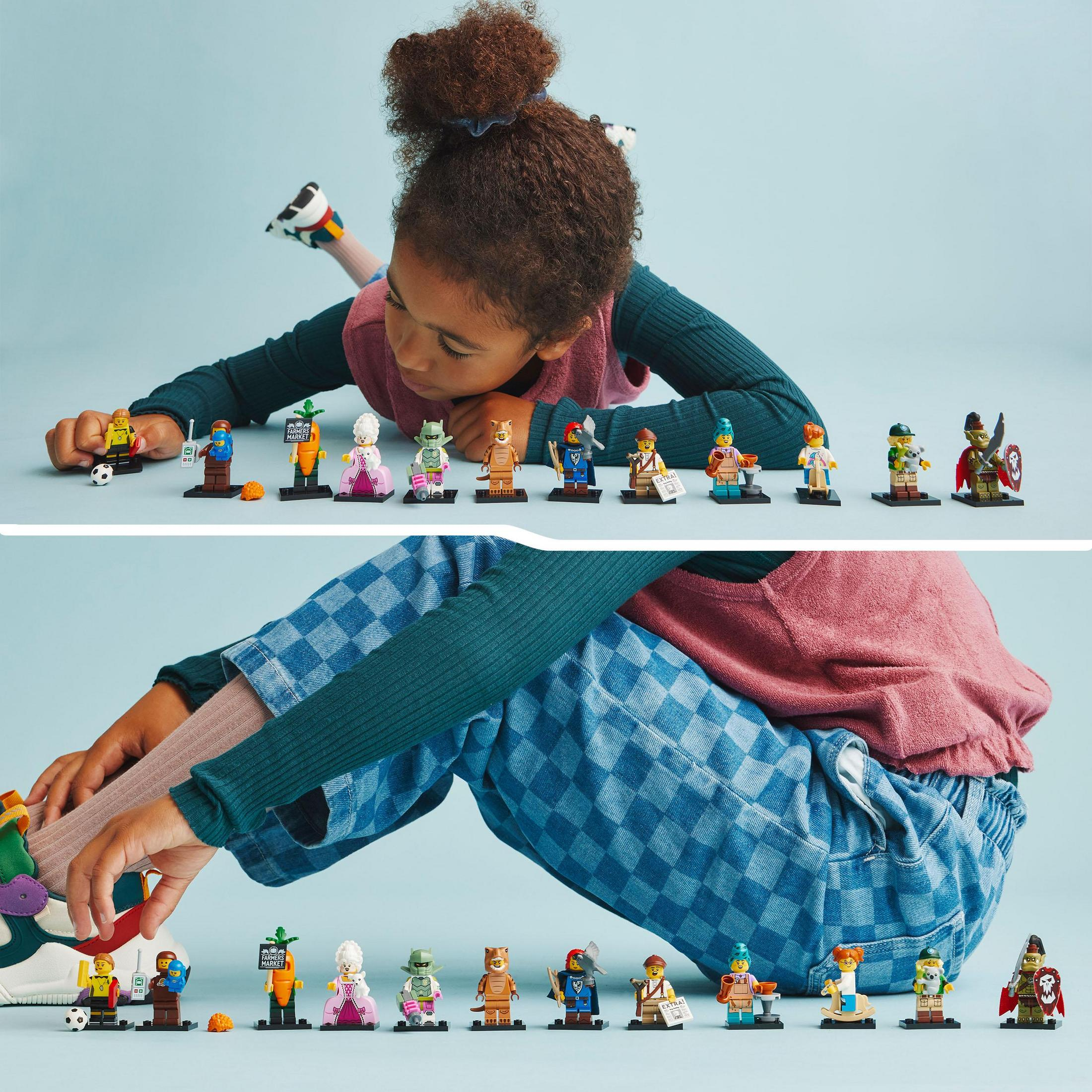 Ein junges Mädchen liegt auf dem Boden und spielt mit Spielzeugfiguren. Eine Sammlung von Lego-Minifiguren.