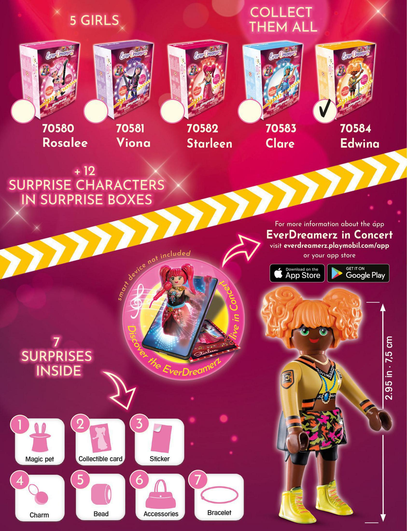 Set di scatole Everdreamz con cinque scatole diverse. Una bambola è in piedi davanti, tenendo un braccialetto.