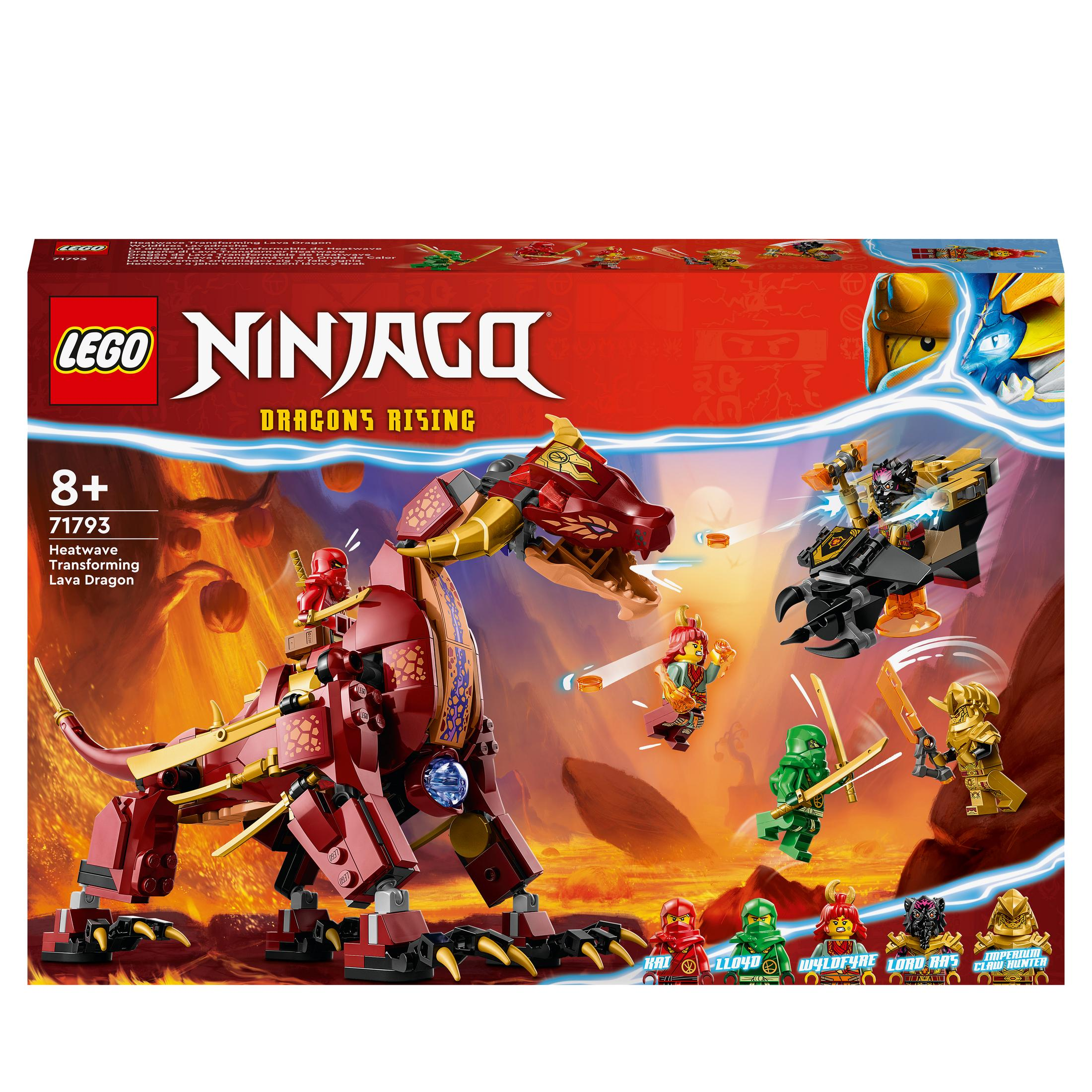 Eine LEGO Ninjago Box mit rotem Drachen, Ninja-Figuren und einer Vulkanlandschaft.