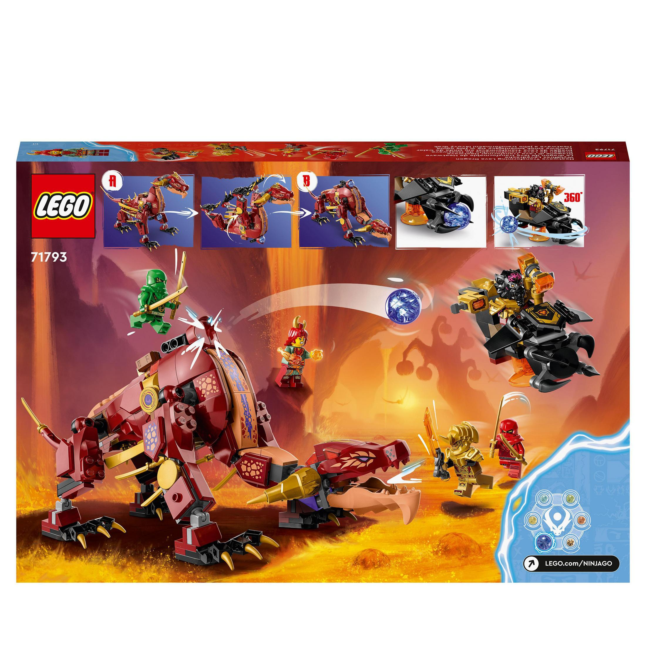Rückseite einer Lego Ninjago-Box mit Drachen- und Ninja-Figuren, vor feurigem Hintergrund.