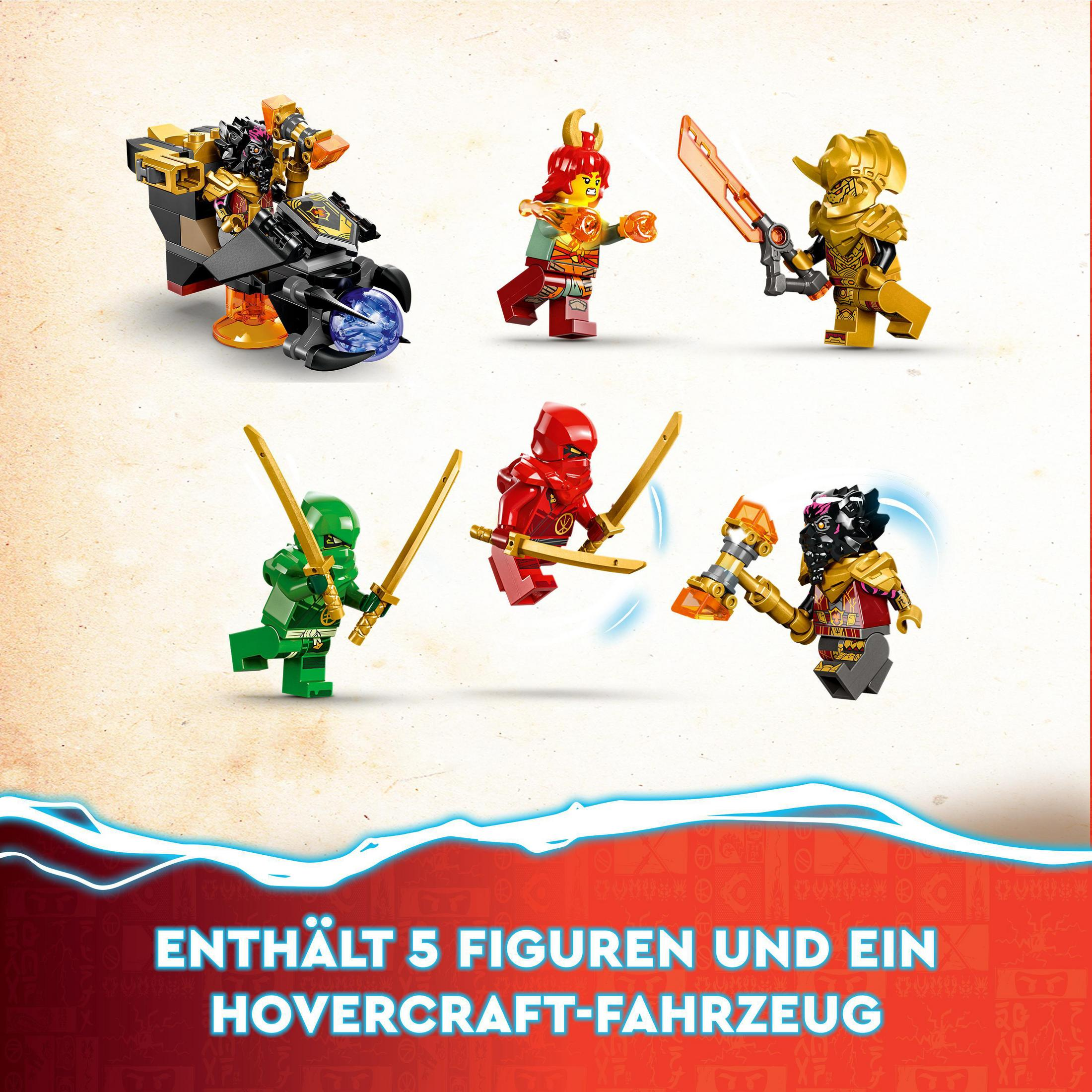 Sechs Lego Ninjago-Minifiguren und ein Hovercraft. Sie halten Waffen. Text unten.