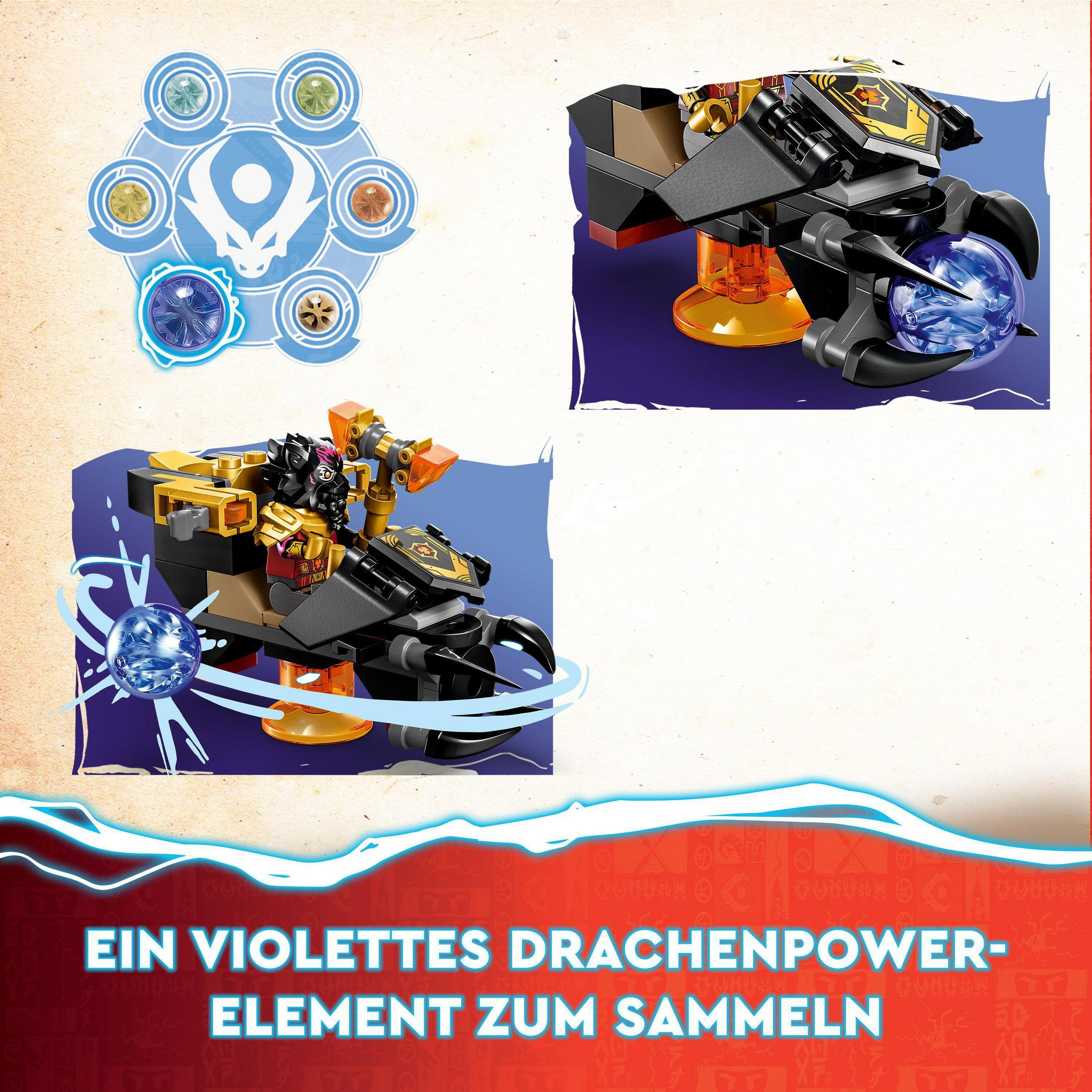 LEGO Ninjago Set mit einem Fahrzeug und einem fliegenden Drachenelement und anderen Komponenten.