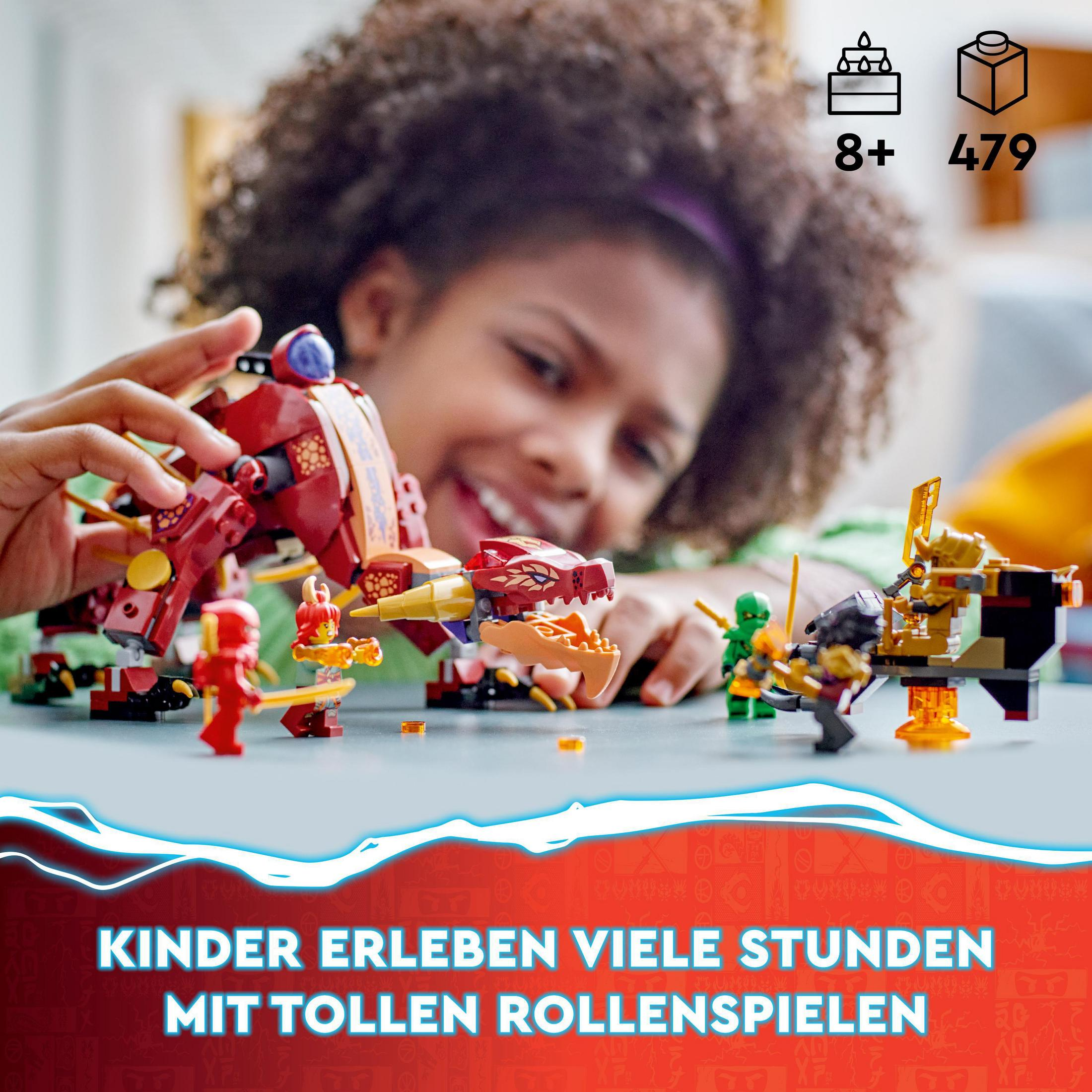 Kind spielt mit Lego-Set. Bunte Lego-Spielzeuge. Text: Kinder erleben viele Stunden...