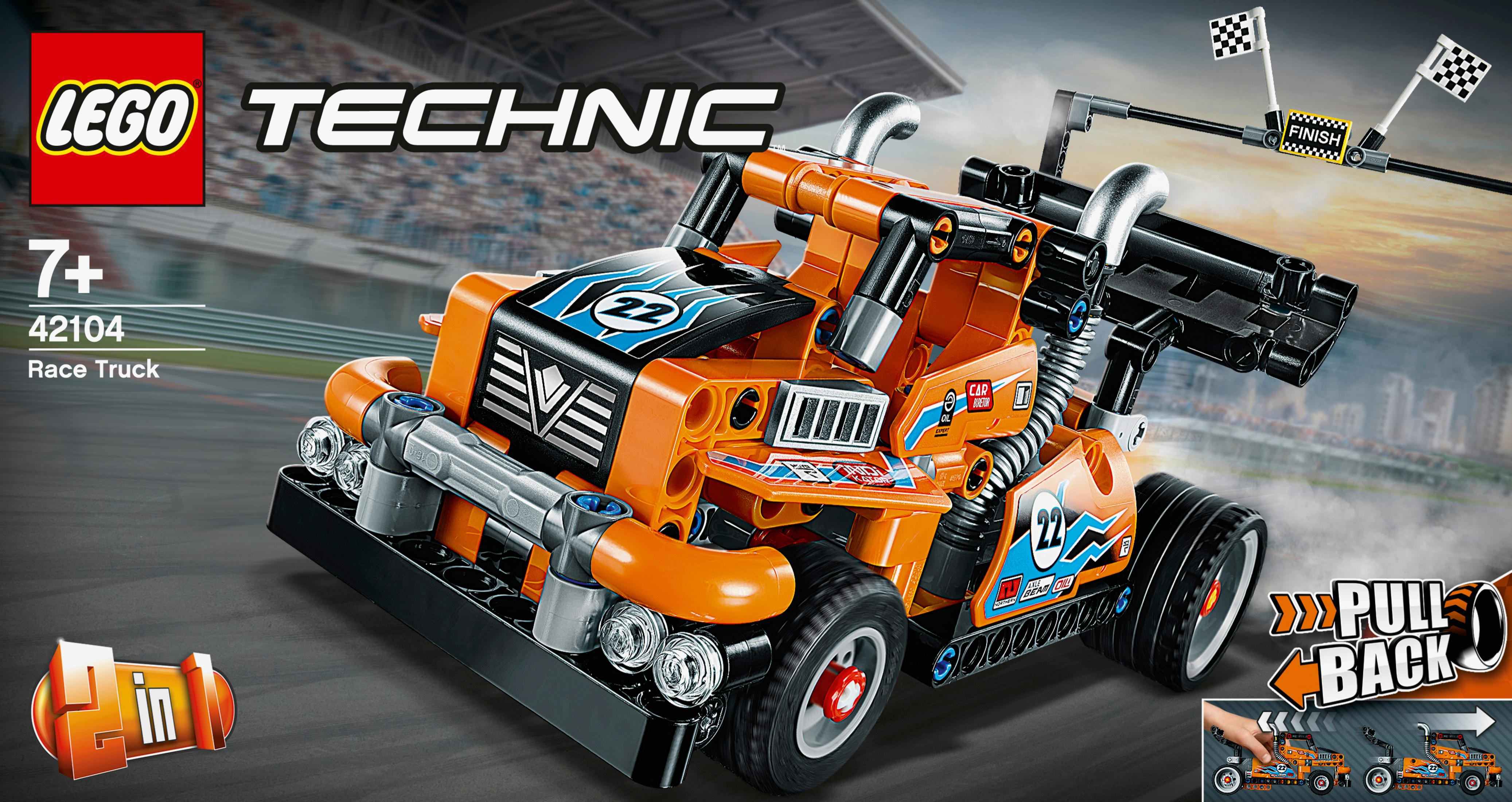 Ein Lego Technic Rennwagen-Spielzeug. Es ist orange mit der Nummer 22 und einer Pull-Back-Funktion.