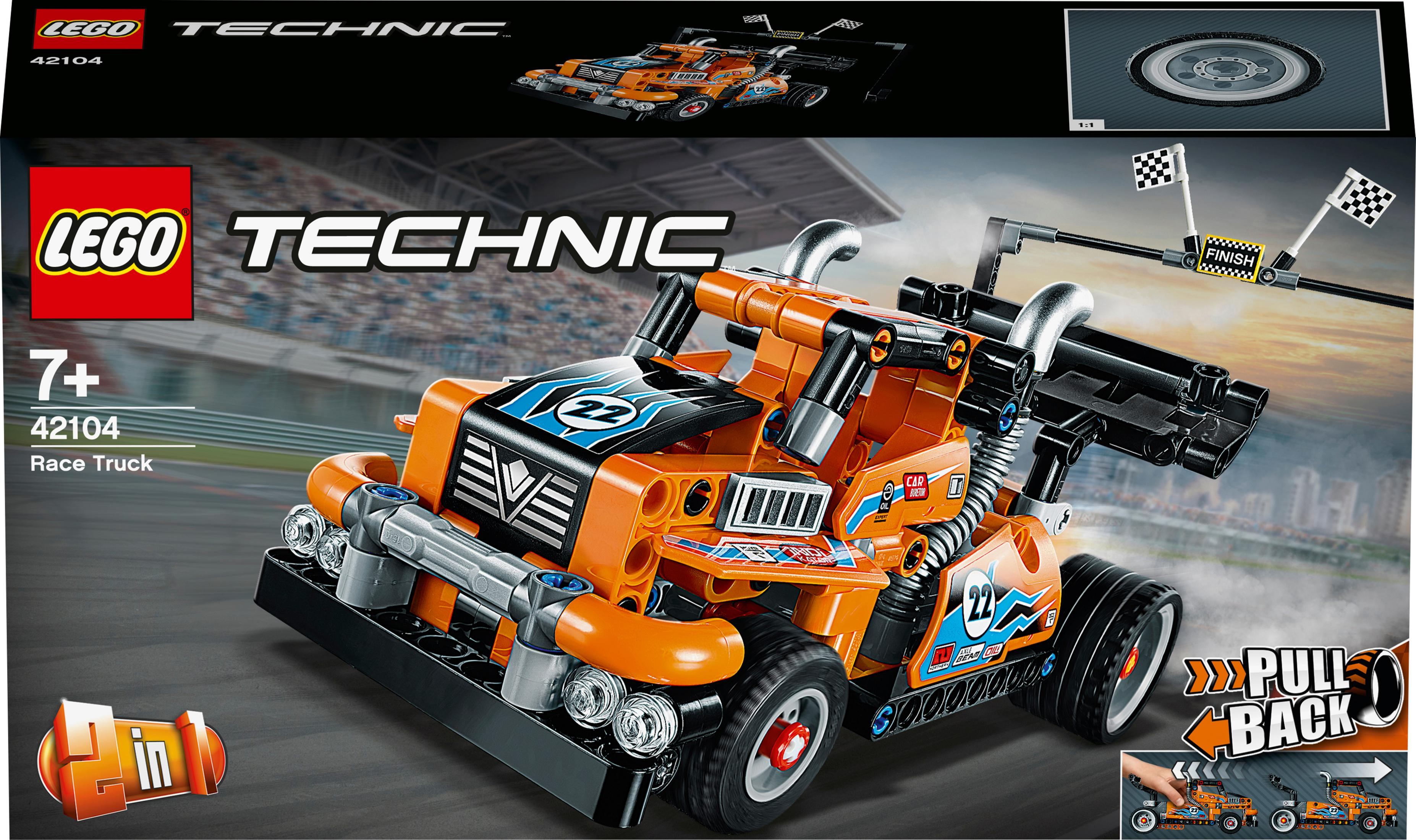 Lego Technic Rennwagen. Orange, schwarz und blau. Mit der Nummer 22 und Rückziehmaction. Die Box zeigt den Truck.