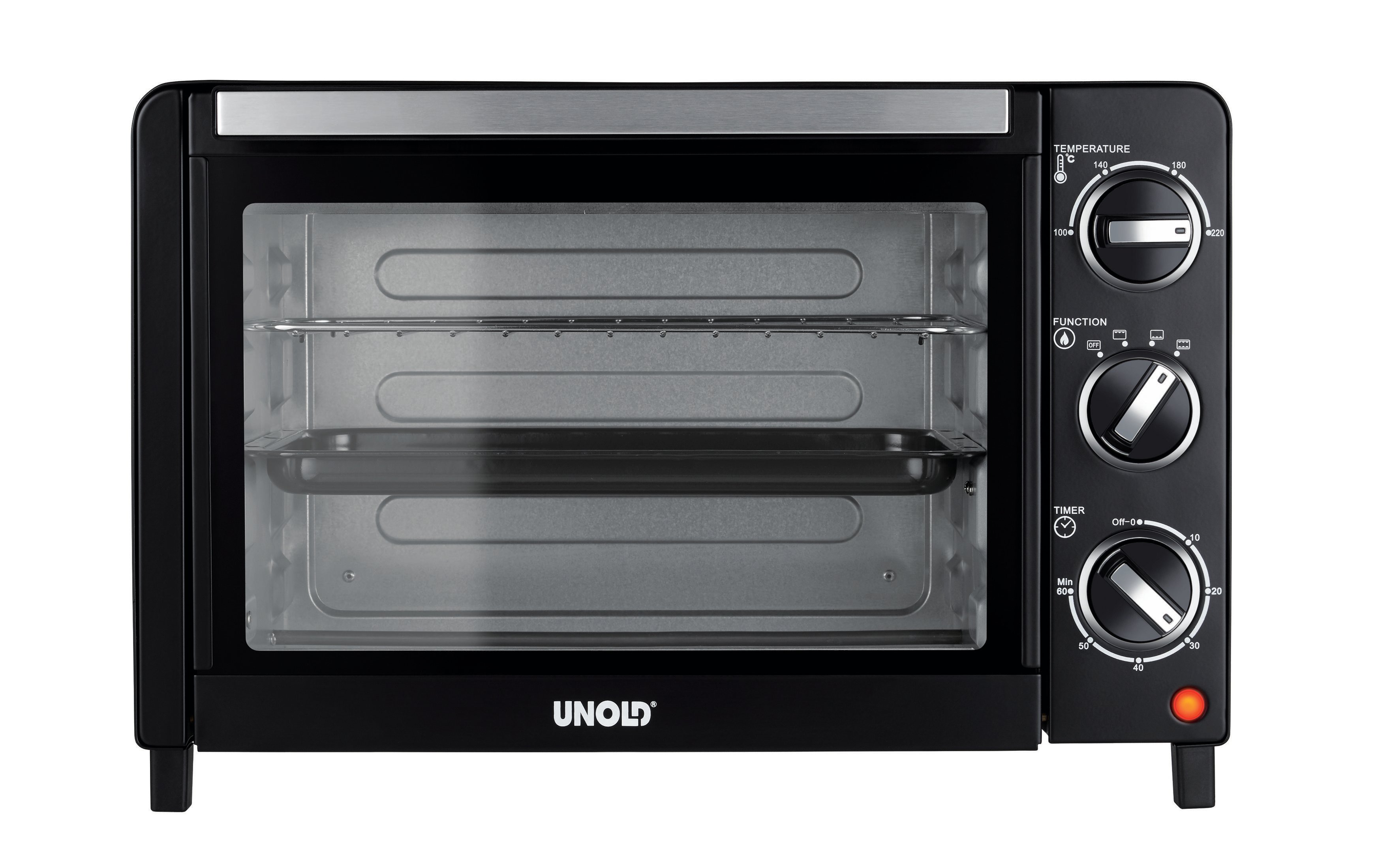 Schwarzer UNOLD Toaster-Ofen. Mit Temperatur-, Funktions- und Timer-Reglern. Enthält ein Tablett und zwei Regale.