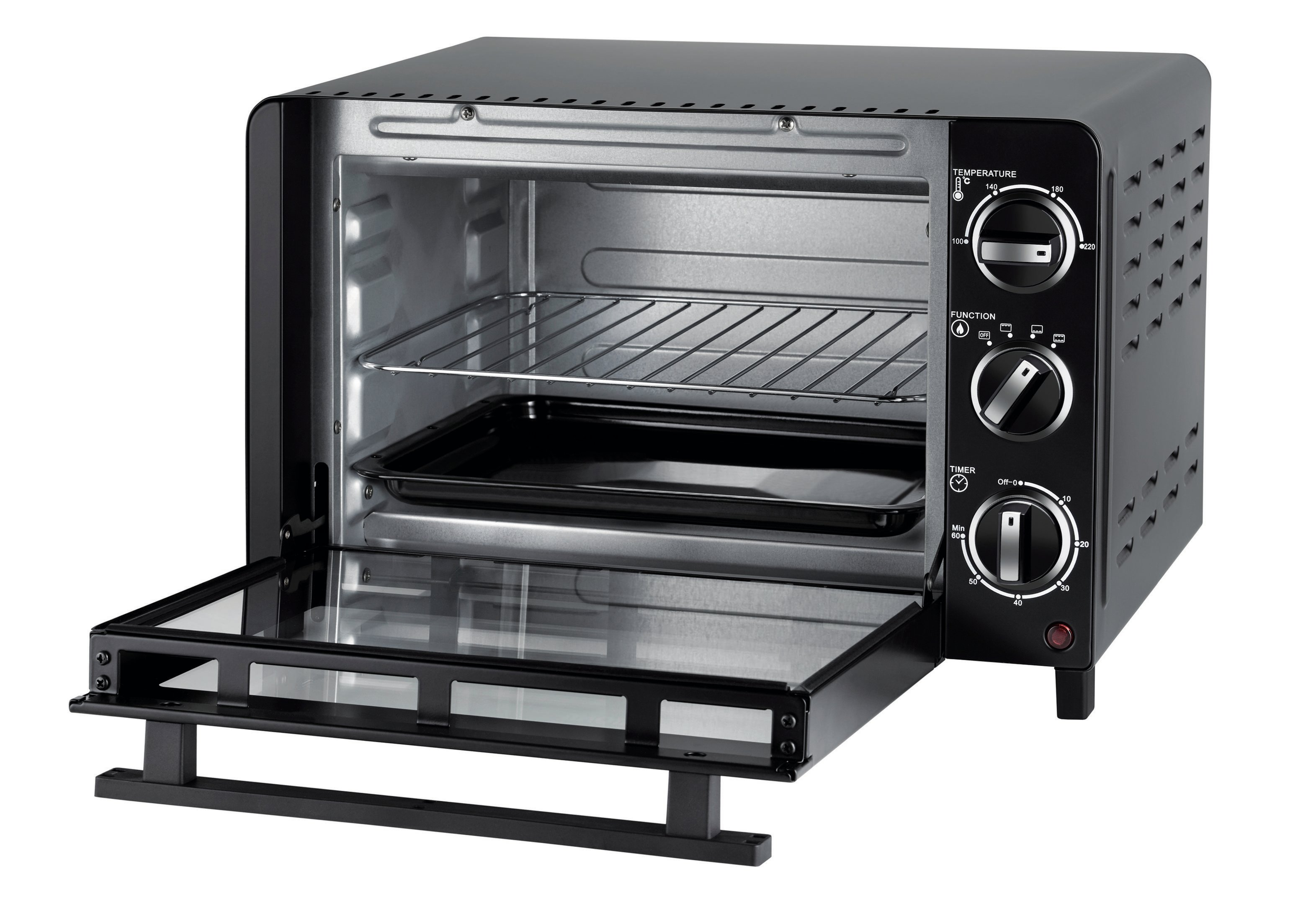 Mini forno nero aperto con porta in vetro. Sfondo bianco.