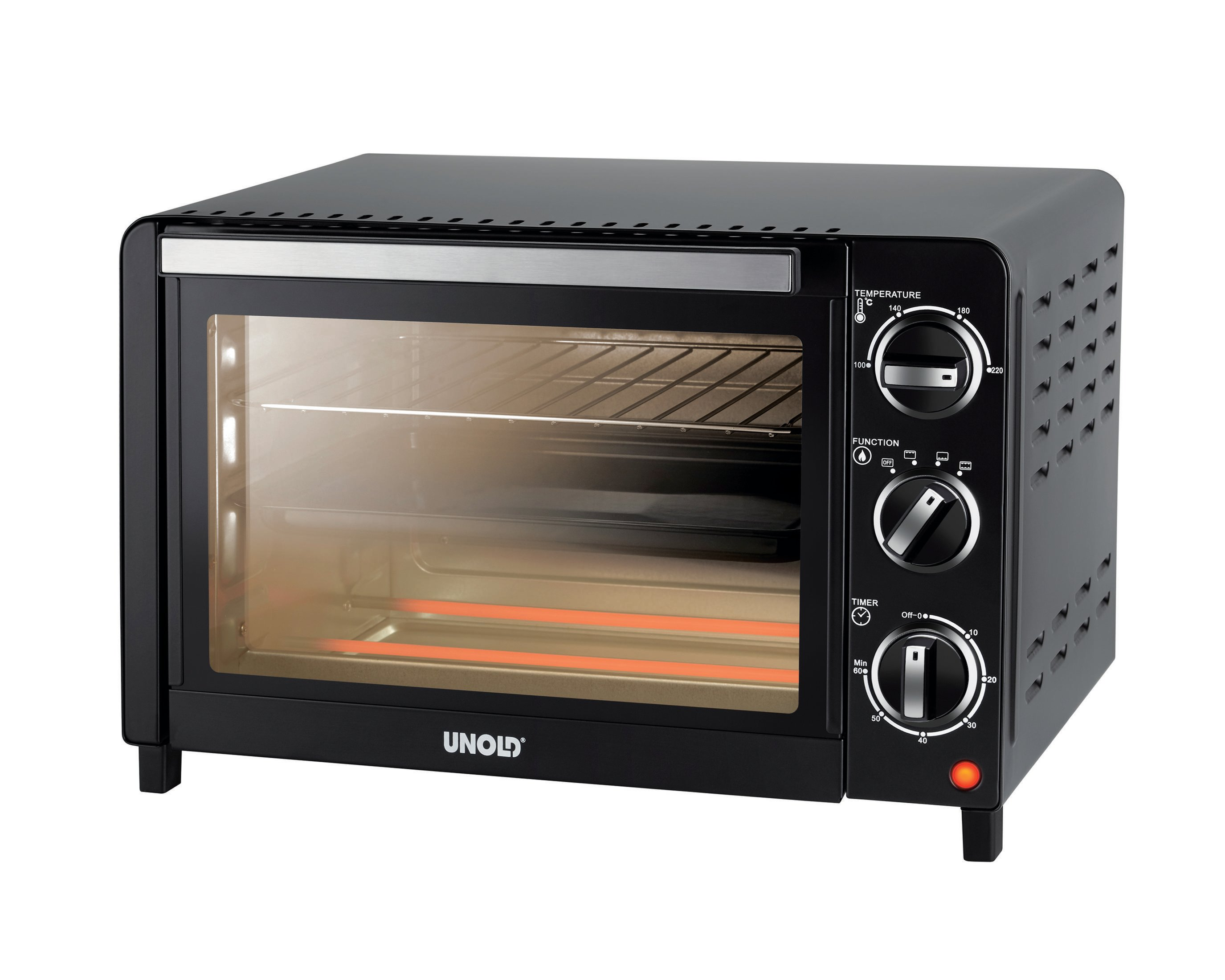 Forno tostapane nero con manopole di temperatura, funzione e timer. Il forno è acceso.