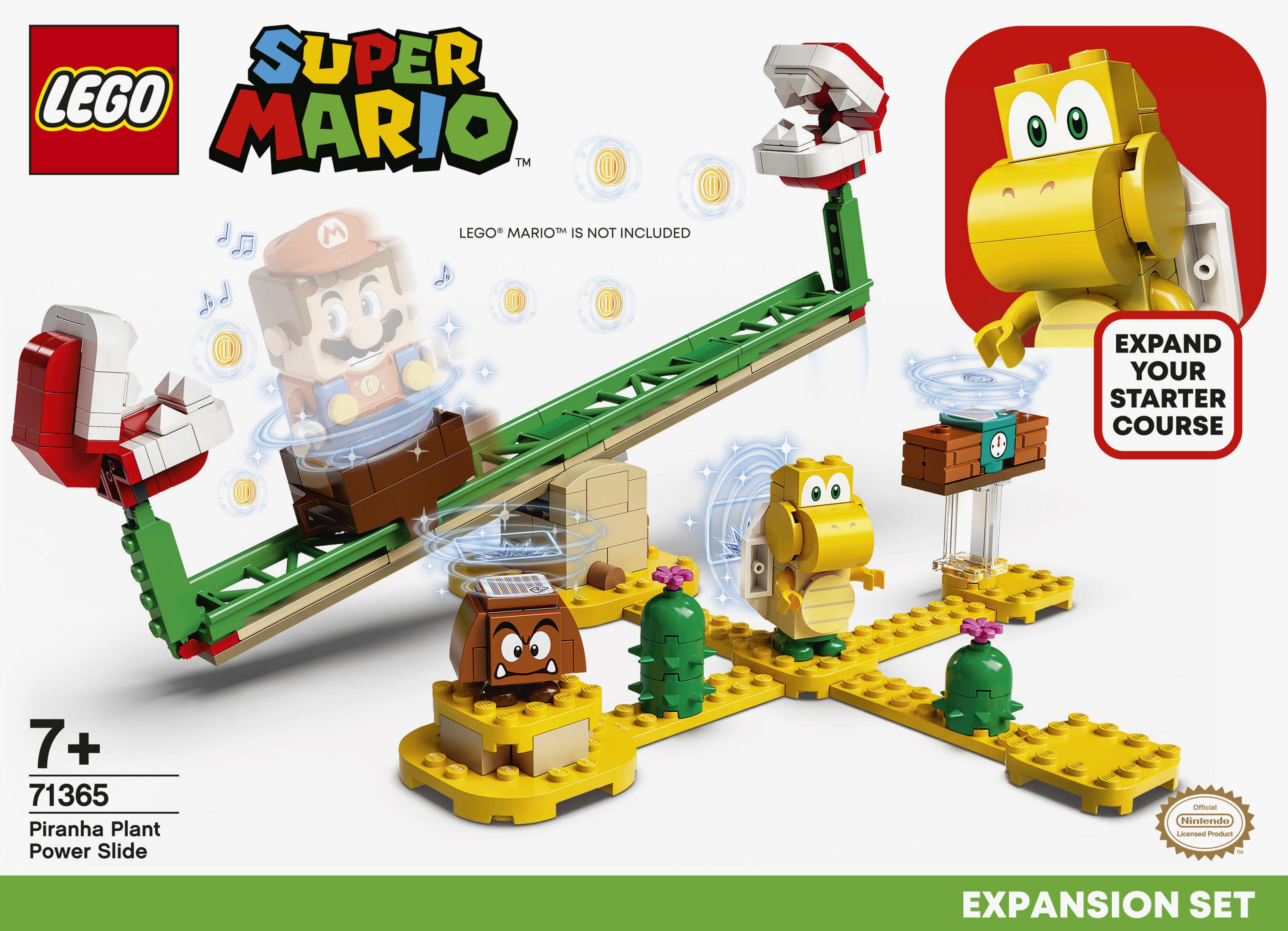LEGO Super Mario-Set. Mario-Figur auf einer Wippe mit Piranha-Pflanzen und Goombas. Münzen und Erweiterungspack-Text sichtbar.