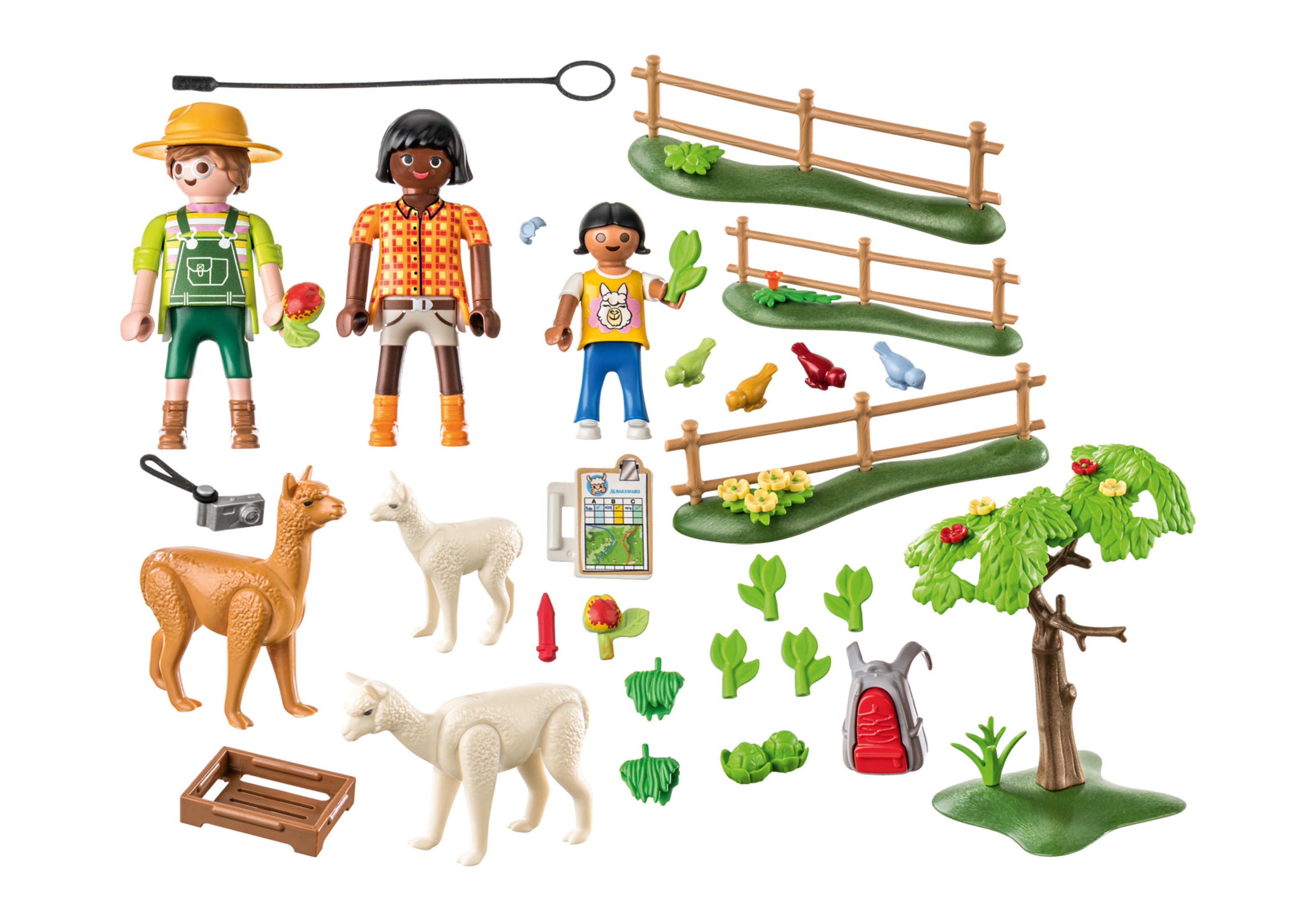 Ein Set mit Spielzeug-Bauernhoftieren und -figuren. Enthält ein Lama, Zaunteile und Farmarbeiter.