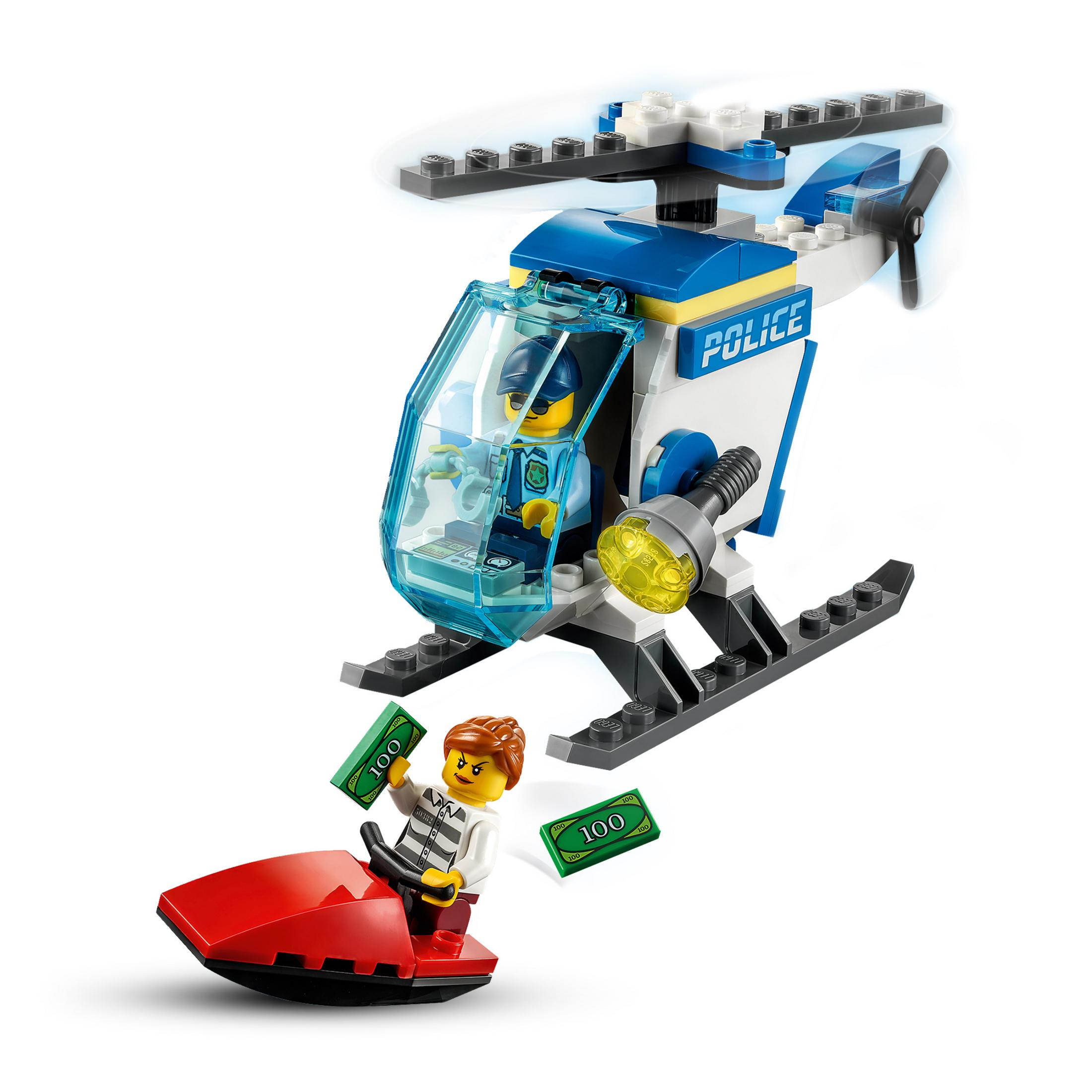 Ein Polizeihubschrauber mit zwei Figuren und ein rotes Boot mit einer Figur. Geldscheine fliegen in der Luft.