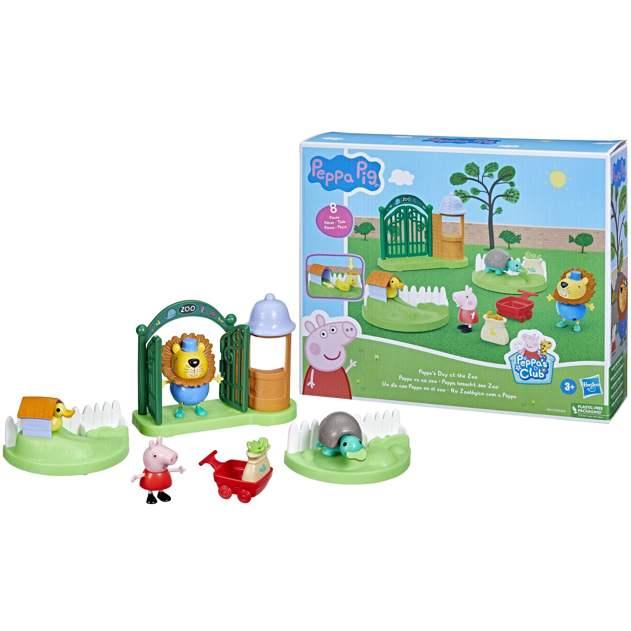 Peppa Wutz Zoo-Spielset mit Figuren und Zubehör, darunter ein Löwe und eine Schildkröte.