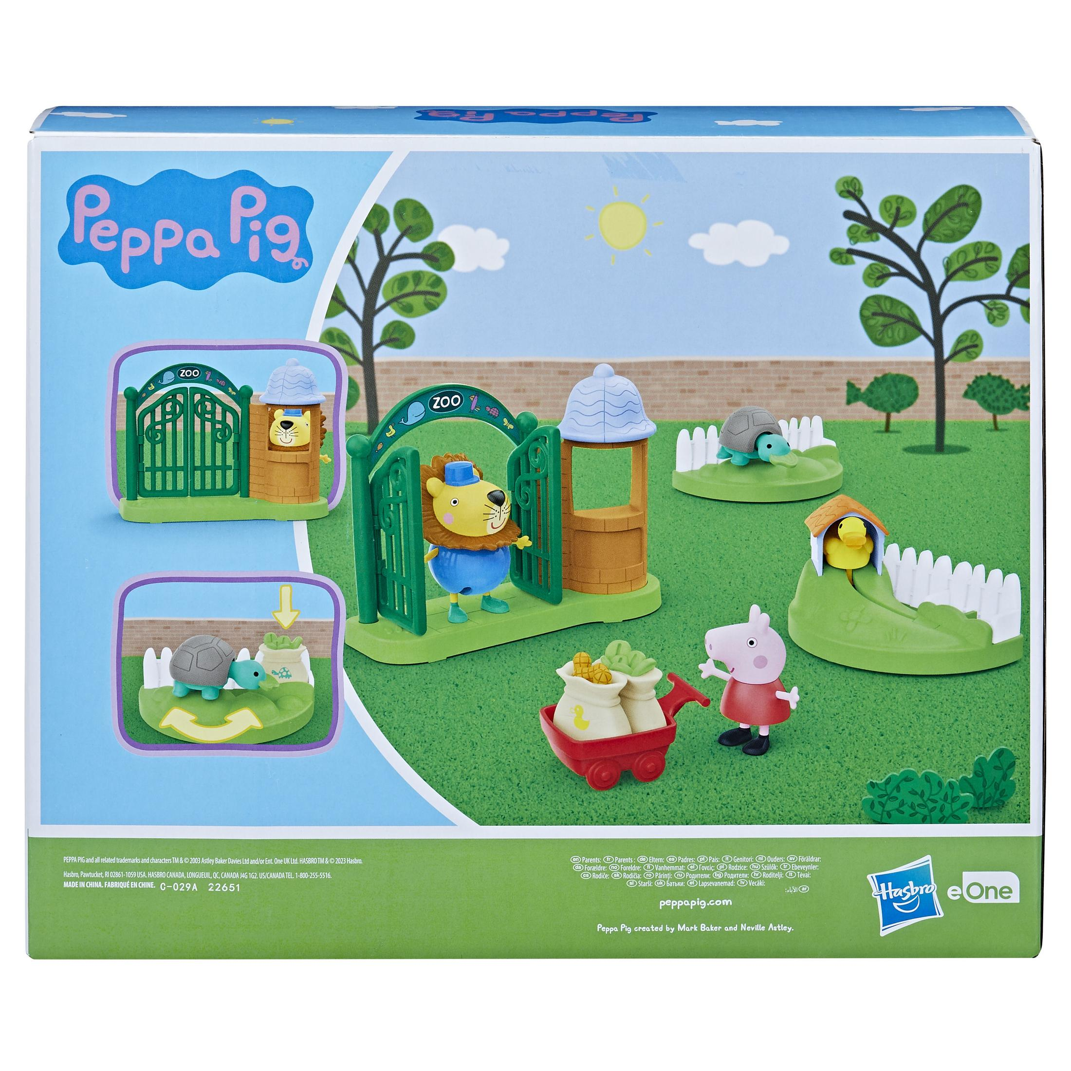Peppa Pig Spielset-Box. Sie zeigt Peppa mit Freunden in einem Zoo mit Tieren und Strukturen. Es steht Peppa Pig.