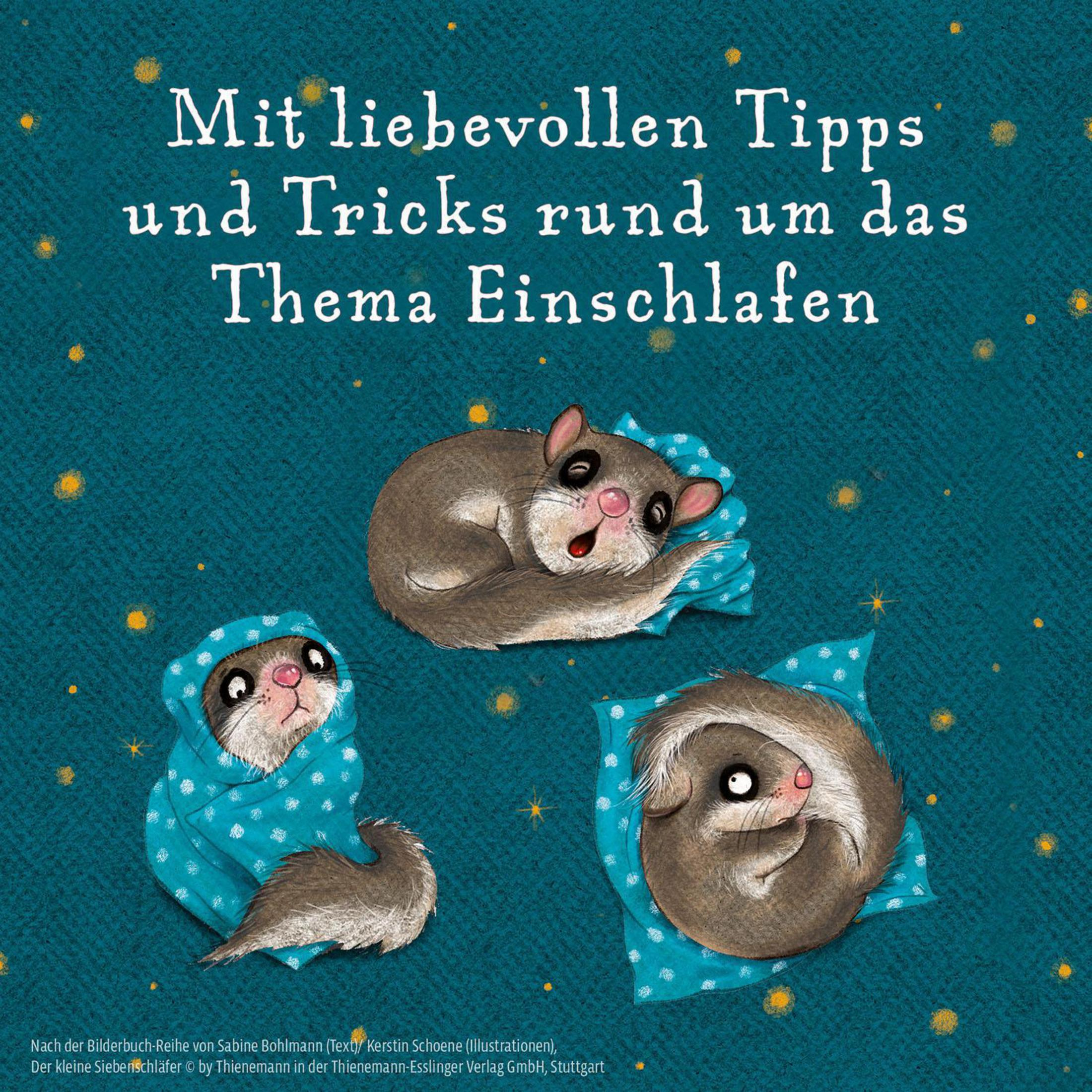 Illustration eines Buches mit schlafenden Tieren: zwei Gleithörnchen und eine Katze.