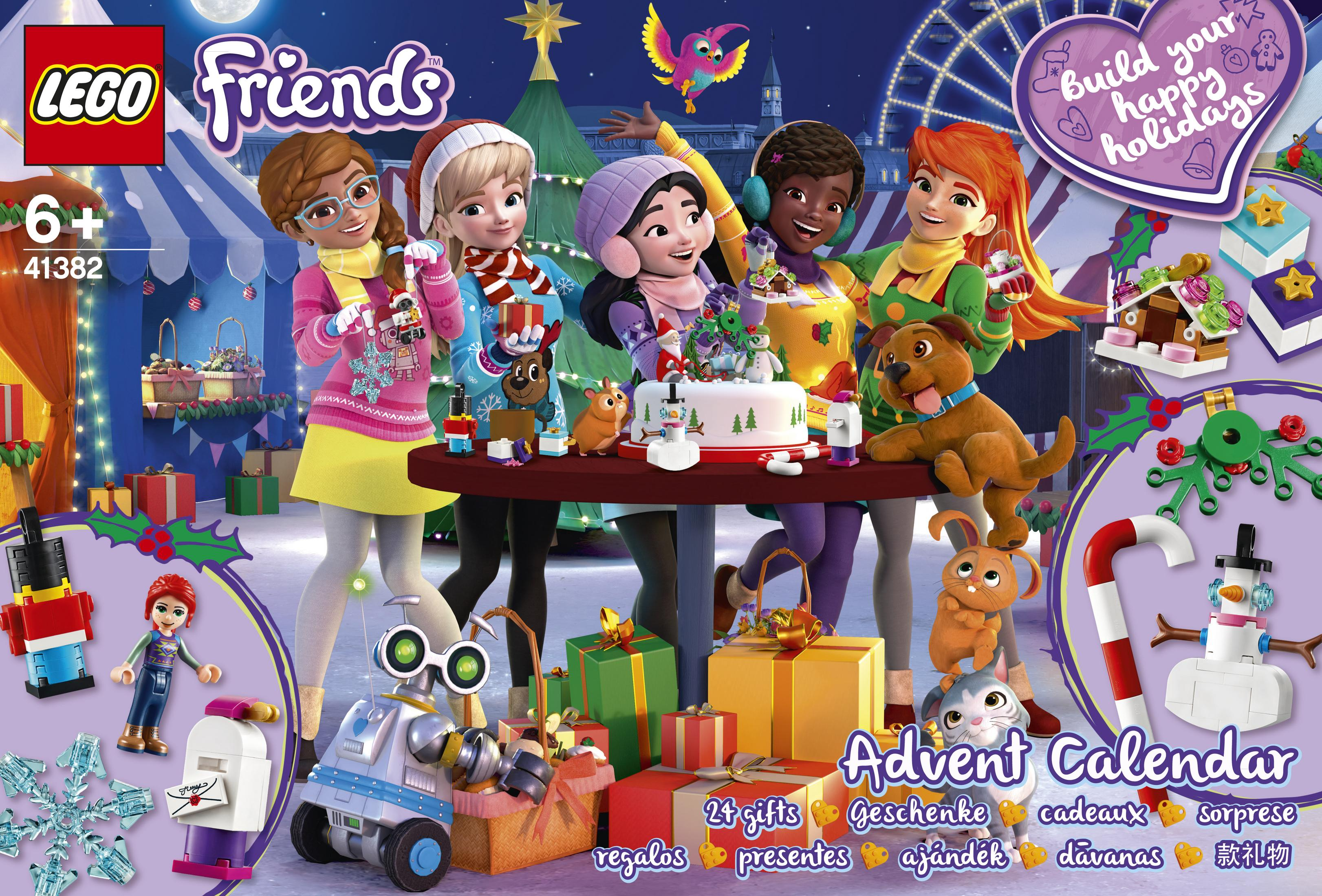 Lego Friends Adventskalender-Box mit Mädchen, Geschenken und festlichen Dekorationen.