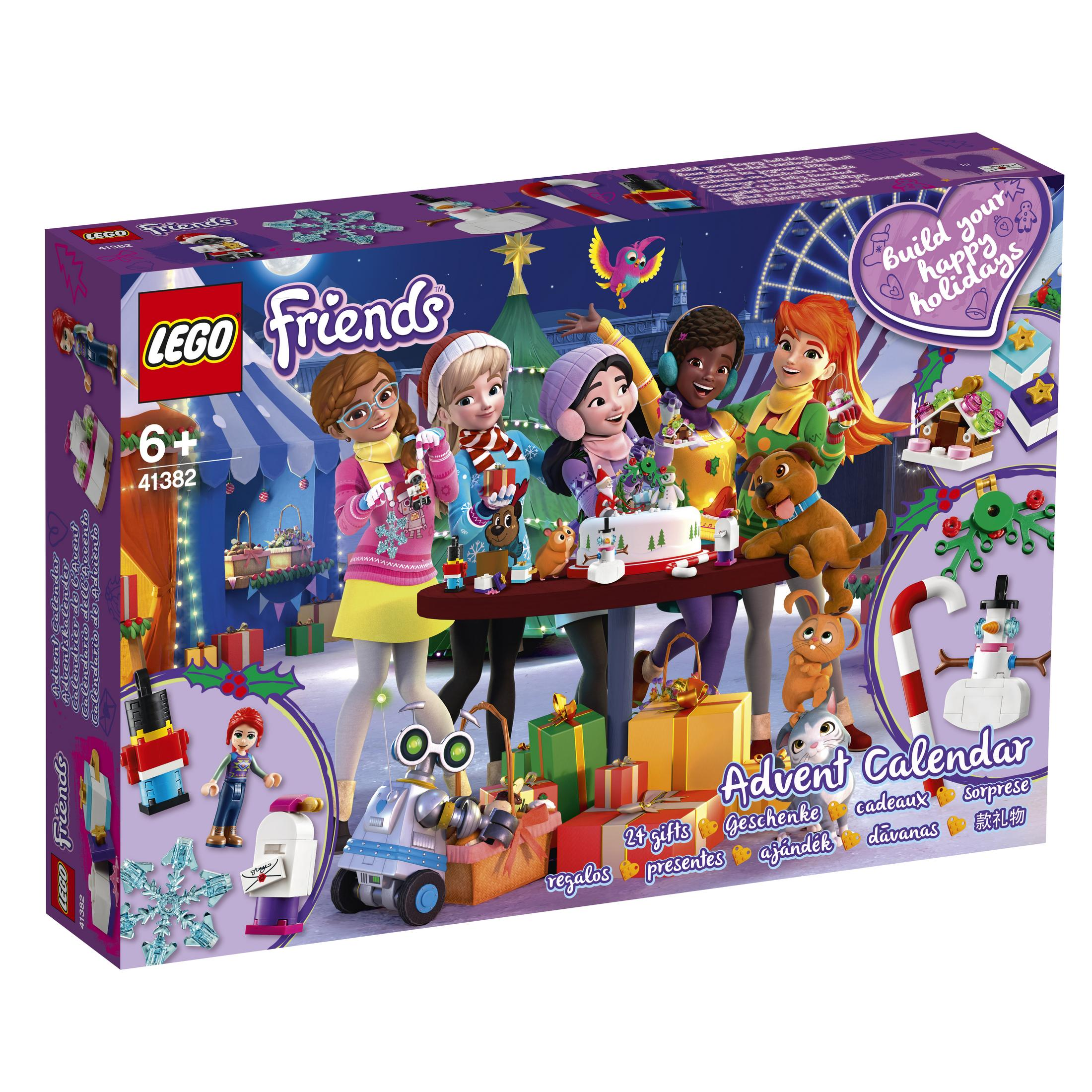 LEGO Friends Adventskalender-Box mit Freunden, Geschenken, einem Schneemann und einem Riesenrad.