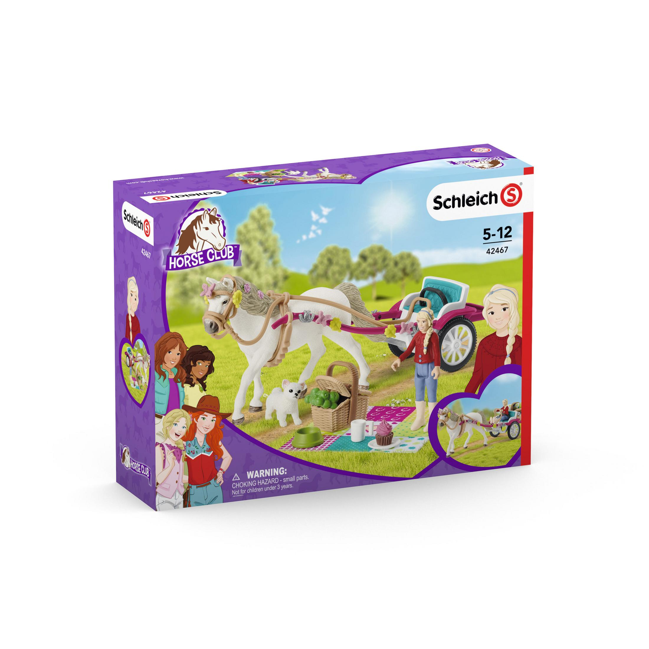 Ein Spielzeugpferd und Kutschenset in einer Box mit einem Cartoon eines Mädchens und anderen Figuren.